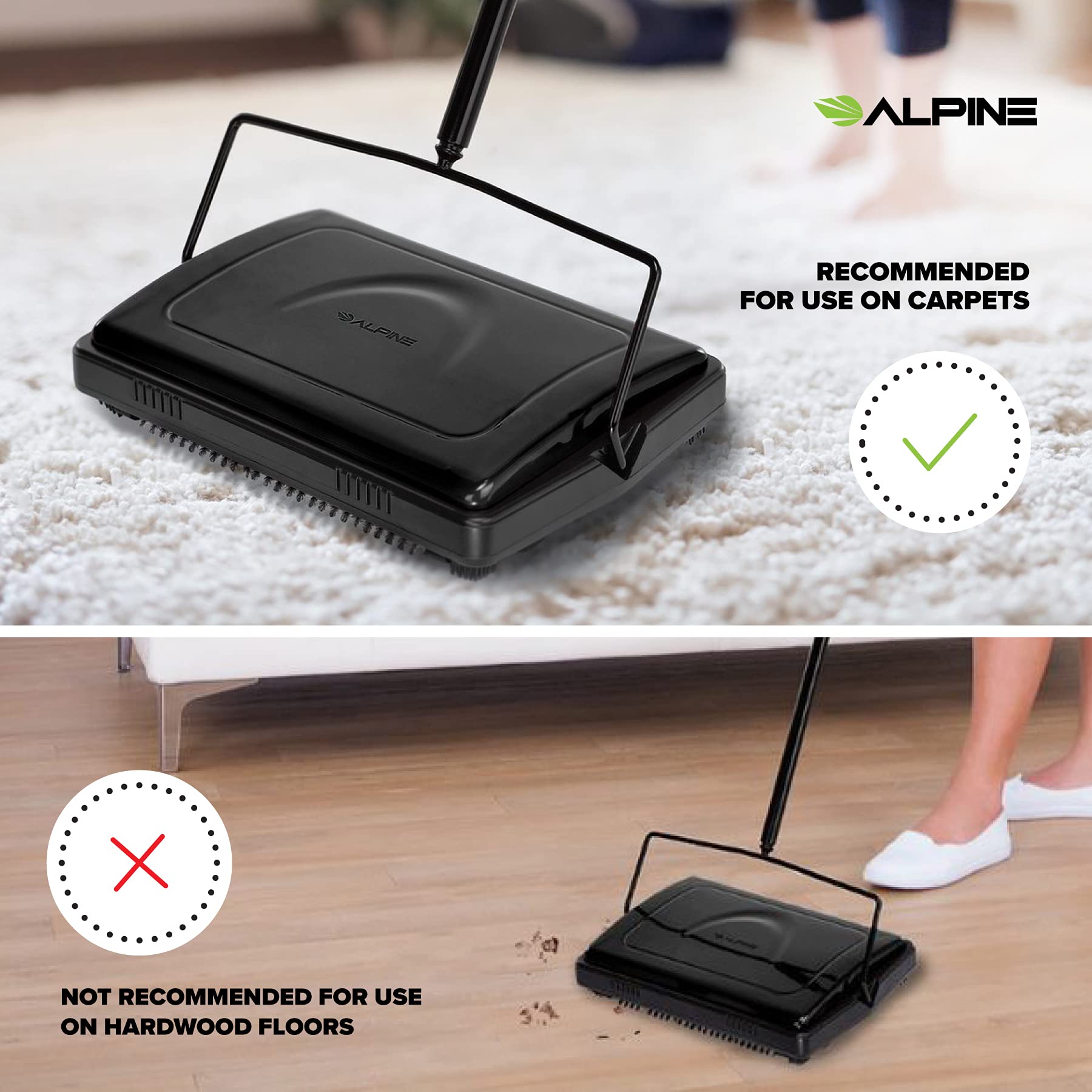 Alpine Industries Triple Brush Floor & Carpet Sweeper – Heavy Duty & Non Electric Multi-Surface Cleaner - Easy Manual Sweeping for Carpeted Floors (Black)  - Like New