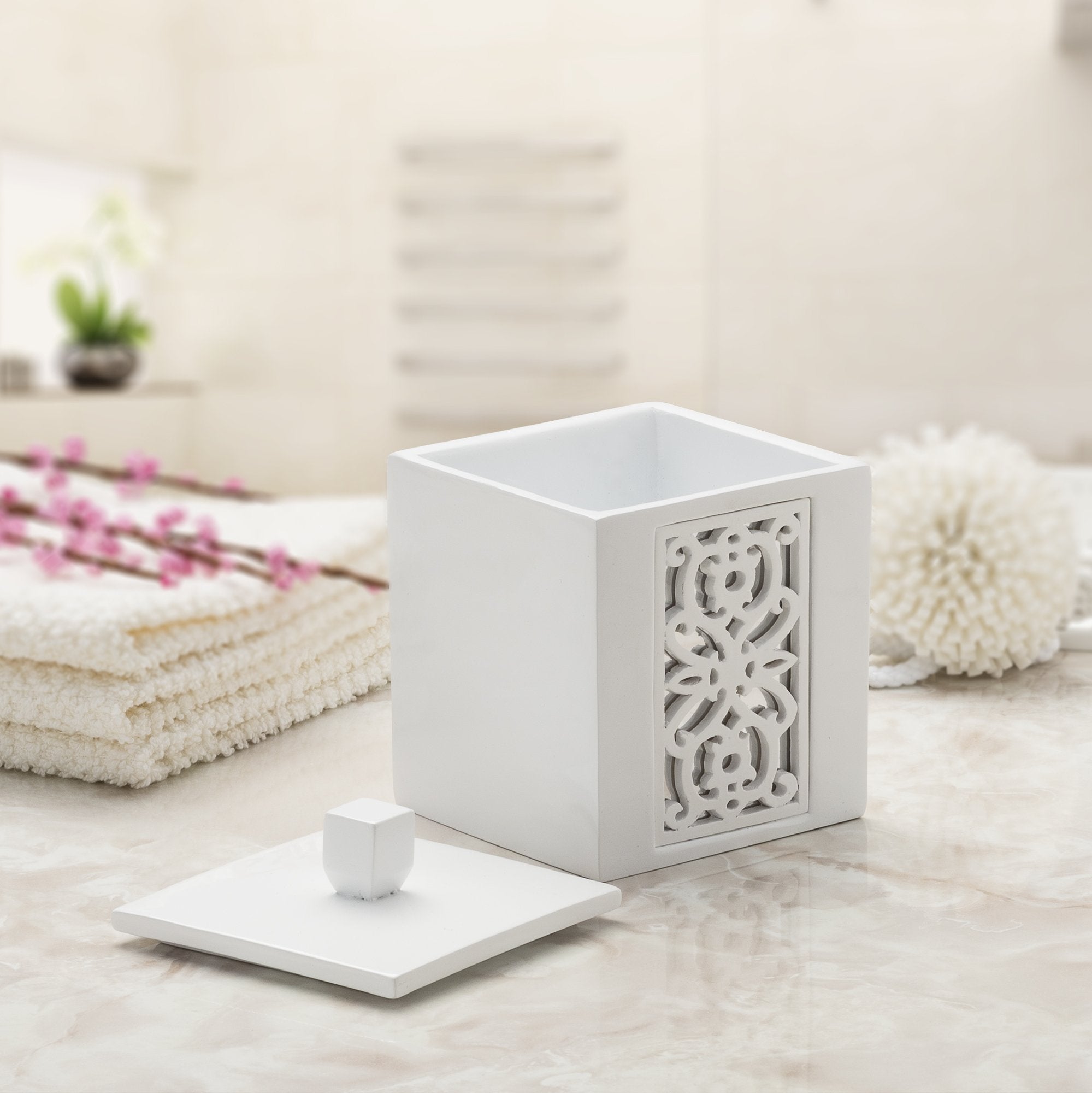 Creative Scents White Qtip Holder With Lid - Decorative Cotton Ball Jar - Durable Cotton Swab Container - Beautiful Bathroom Vanity Accessories - Elegant Bath Storage - (Mirror Janette Style)  - Like New