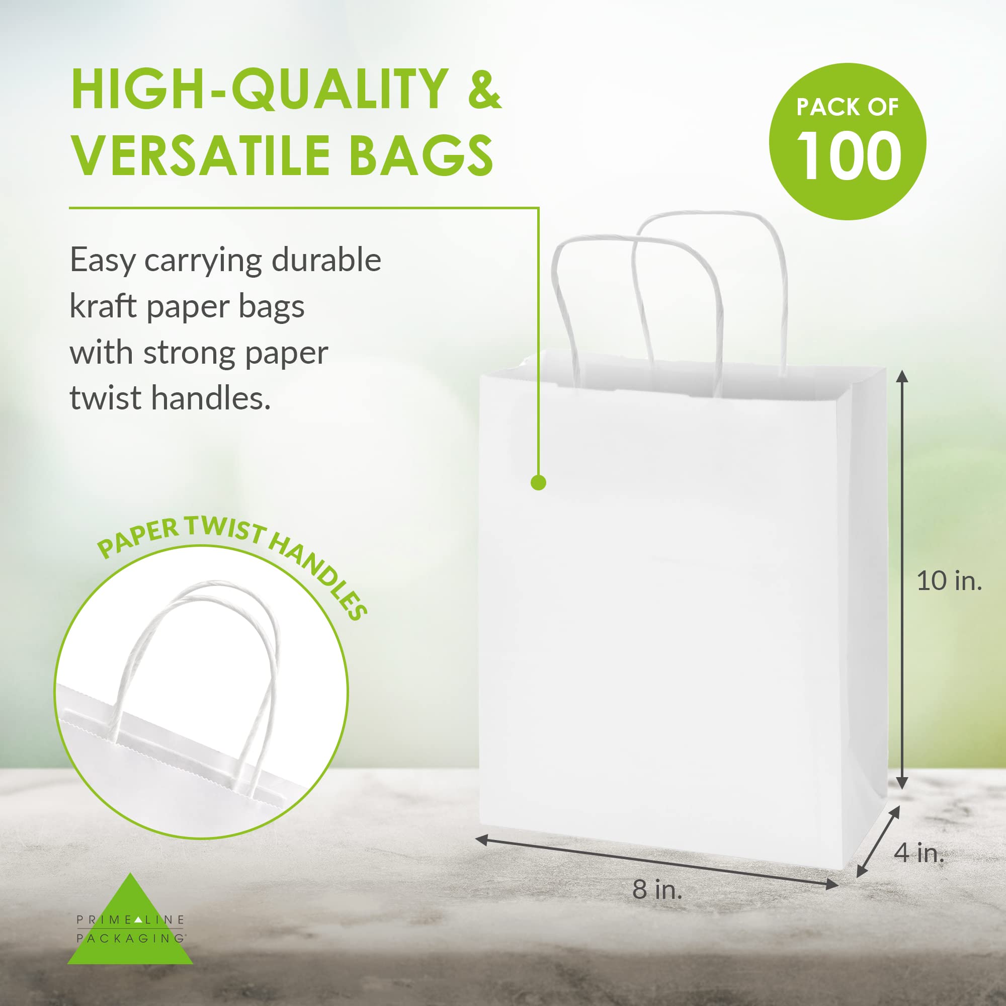 Prime Line Packaging 8x4x10 100 Pack White Gift Bags, Small Kraft Paper Bags with Handles for Small Business, Party Favor & Goodie Bags, Shopping, Bulk  - Like New