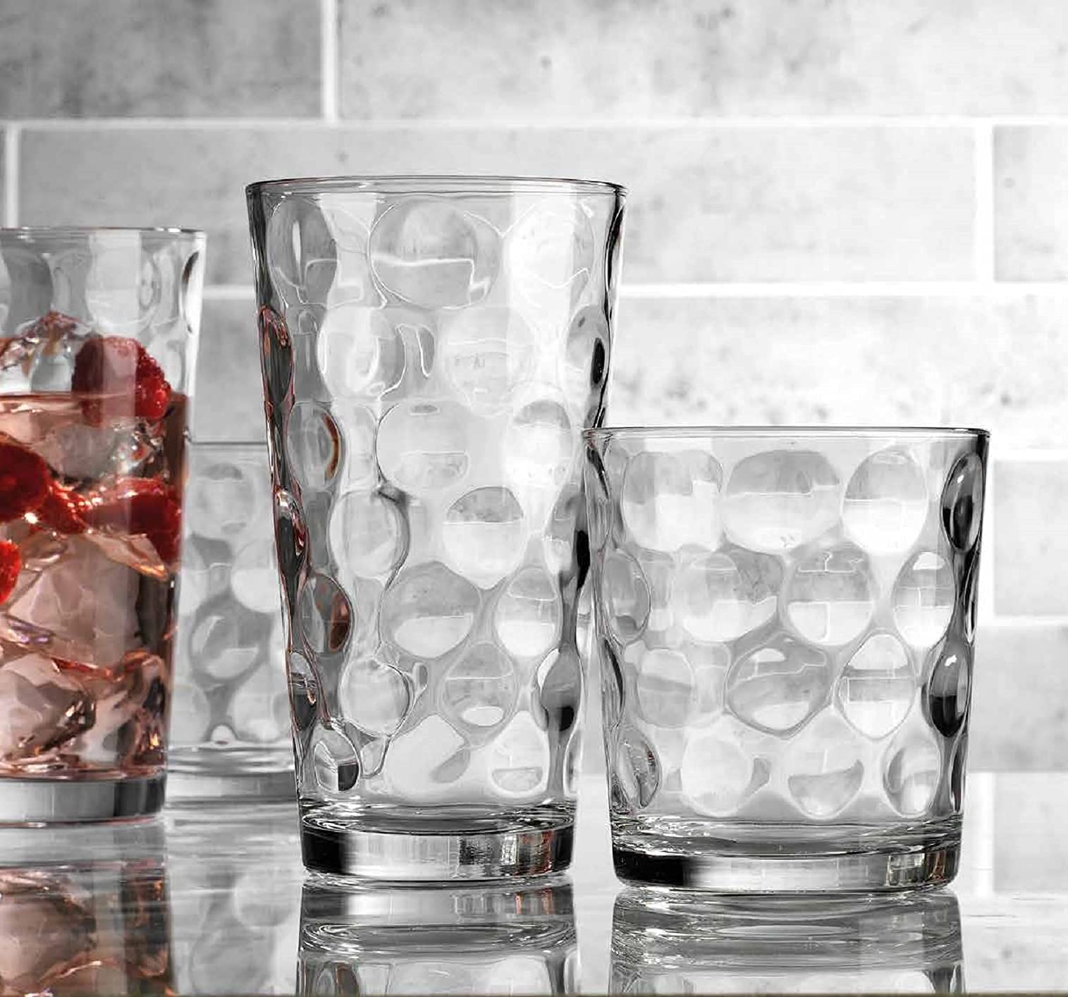 Drinking Glasses Set Of 16 - By Home Essentials - 8 Highball Glasses (17 oz.), 8 Rocks Whiskey Glass cups (13 oz.), Inner Circular Lensed Glass Cups for Water, Juice and Cocktails.  - Like New