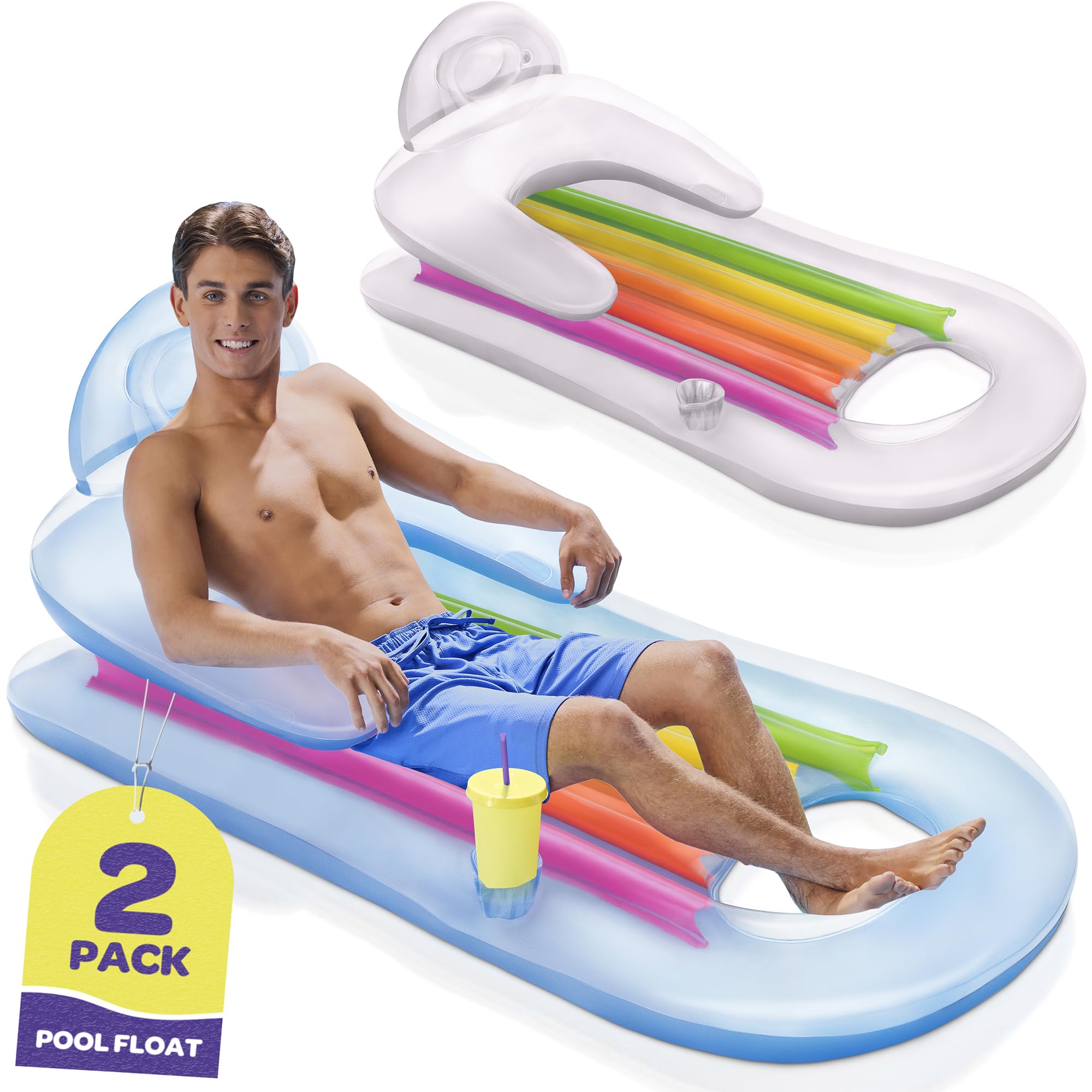 Pool Floats [Set of 2] Inflatable Lounge with Headrest & Cup Holder Inflatable Pool Floats Adult, Pool Float Comes In 2 Fun Colors, Blue & Pearlescent Silver, (59" X 25") fun floats for swimming pool.  - Like New