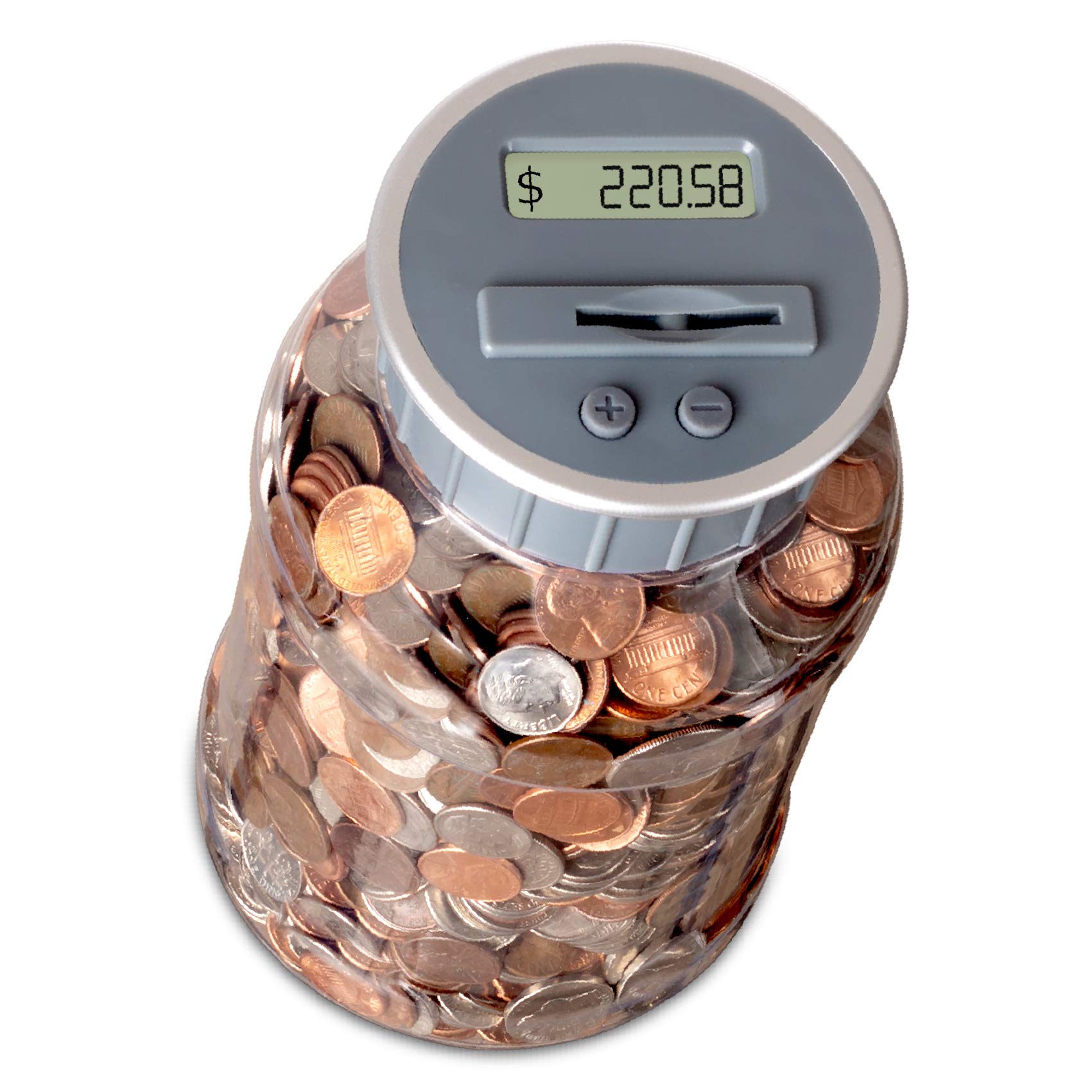 M&R Digital Counting Coin Bank. Batteries Included! Personal Coin Counter/Money Clear jar, Silver Top totals up Your Savings- Works with All U.S. Coins-in Retail Packaging.  - Like New