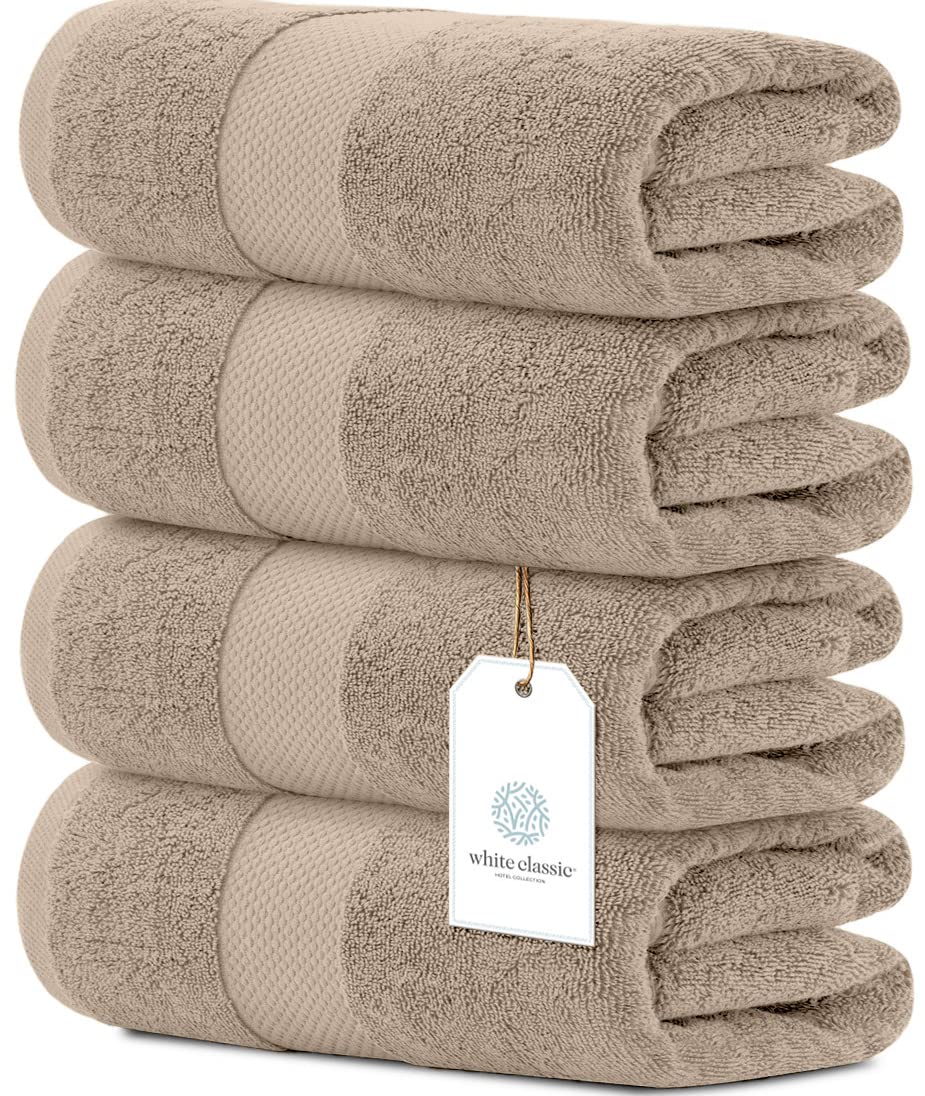 White Classic Luxury Bath Towels Set of 4 Large - 700 GSM Cotton Ultra Soft Bath Towels 27x54 | Highly Absorbent and Quick Dry | Hotel Towels for Bathroom Luxury, Plush Shower Towels, Taupe  - Like New