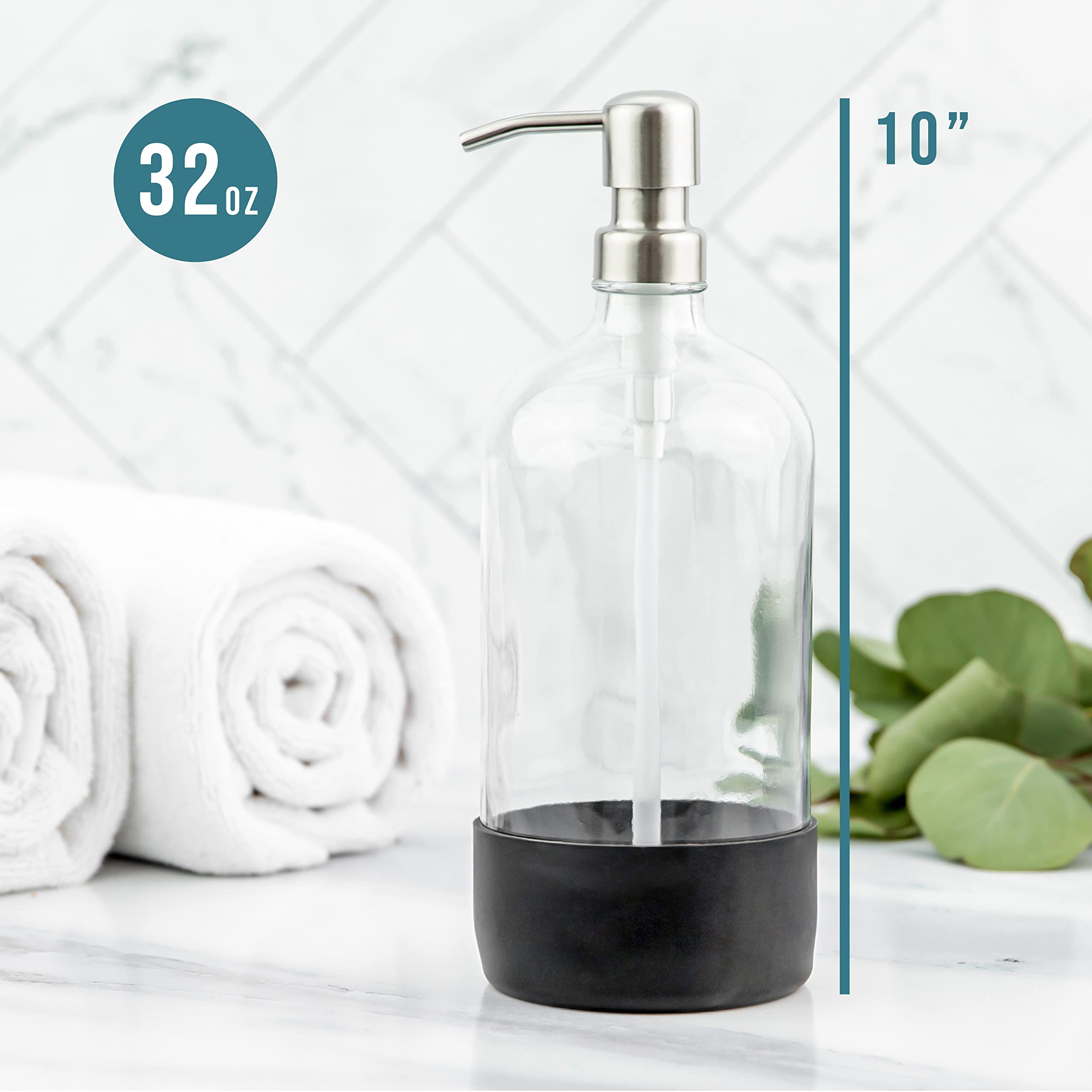 32 oz Glass Pump Bottle Rustproof Stainless Steel Pump, Funnel, and Lids. Modern Farmhouse Vintage Jar, Large Glass Shampoo Bottles with Pump and Laundry Soap Dispenser - Silver  - Like New