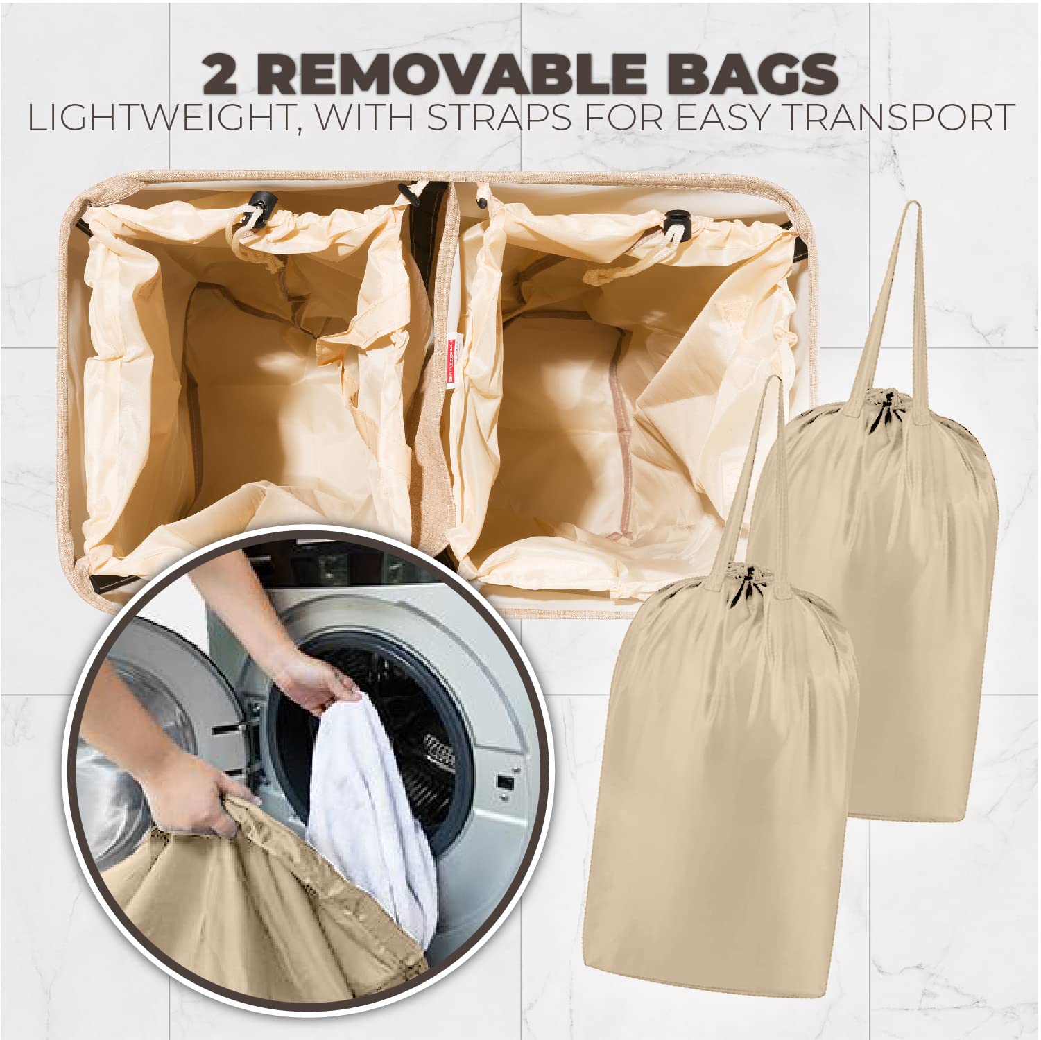 Bartnelli Double laundry hamper basket With 2 Removable bags | collapsible baskets for dirty clothes or baby clothing, Waterproof Material Outdoor-Safe foldable pop up bin, Easy Assembly  - Very Good