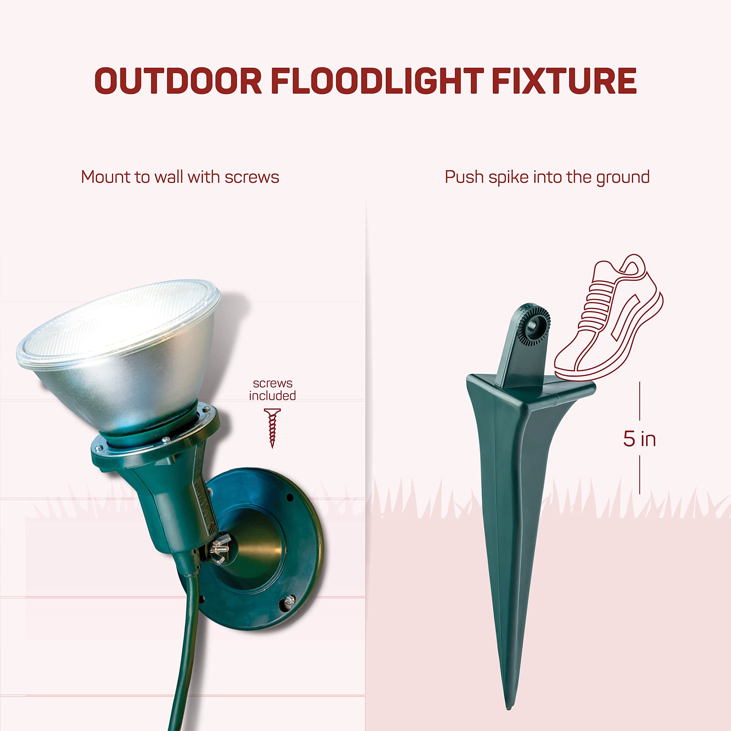 Outdoor Flood Light Holder - Floodlight Fixture With Stake & Wall Mount Base - Durable, Weather Resistant, Heavy Duty - ETL Listed 6-Ft Cord, Green Landscape Lamp. Use With 120 Volt PAR38 Bulb  - Like New