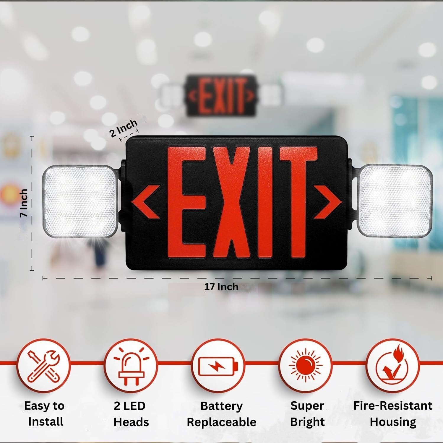 Ciata Emergency LED Exit Sign Combo with 90-Minute Battery Backup and Adjustable Ultra-Bright LED Lamps  - Like New