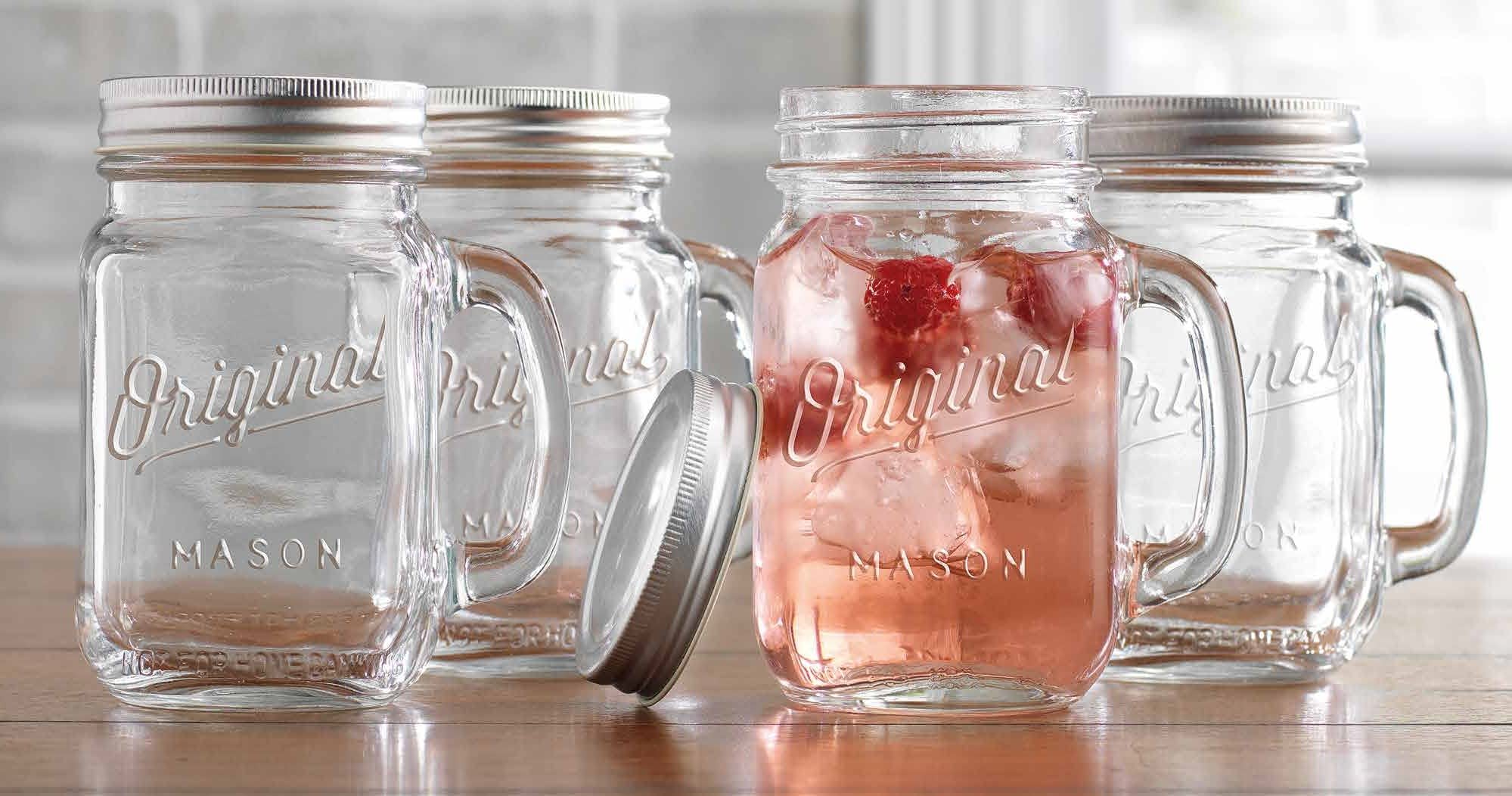 Mason Jar 16 Oz. Glass Mugs with Handle and Lid Set Of 4 - Home Essentials & Beyond - Old Fashioned Drinking Glass Bottles Original Mason Jar Pint Sized Cup Set.  - Acceptable