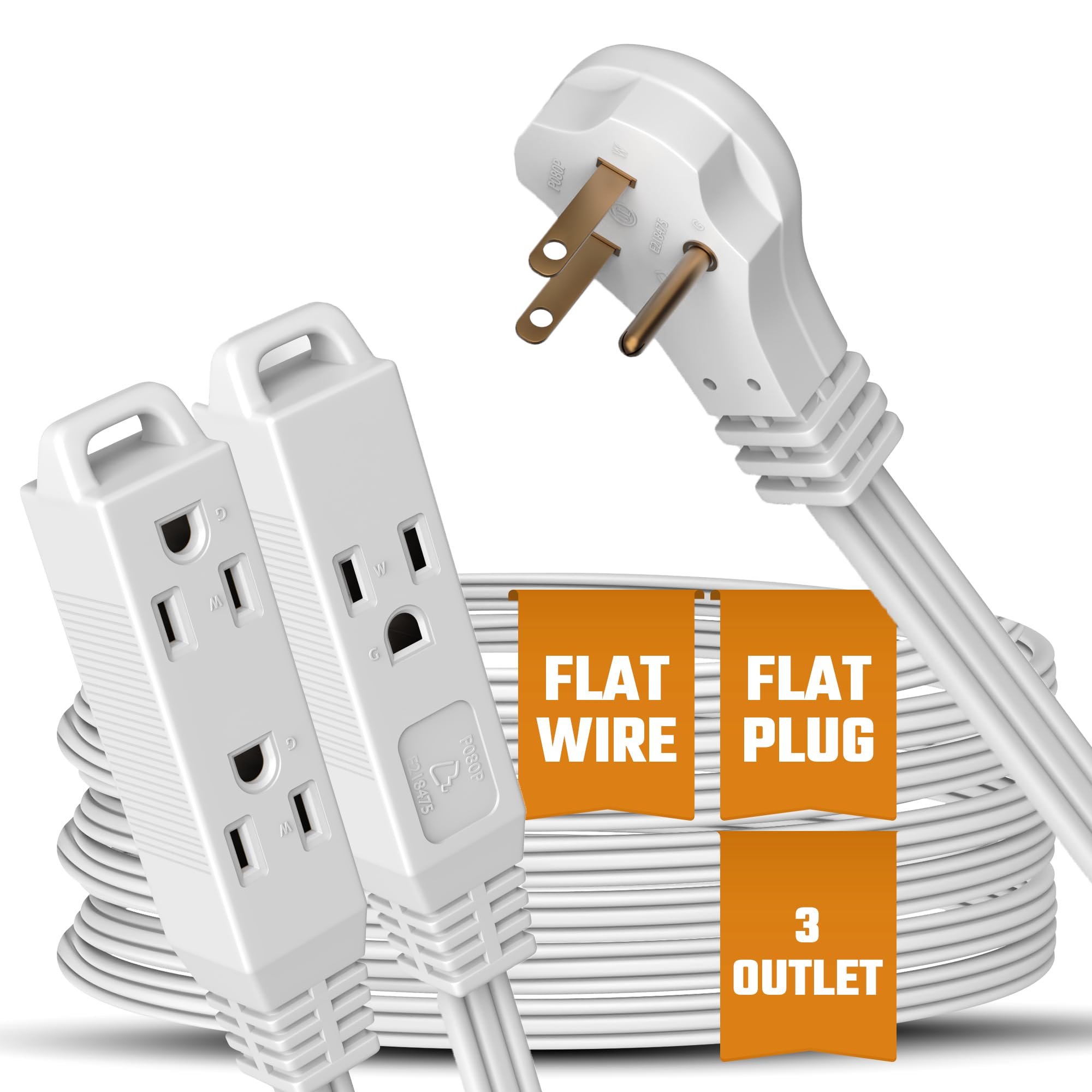 Flat 3-Outlet Extension Cord 15 Ft for Indoor Use by Bindmaster- UL-Listed 3-Prong Multi Extension Wire- Space-Saving Flat Angled Extension Cord  - Like New