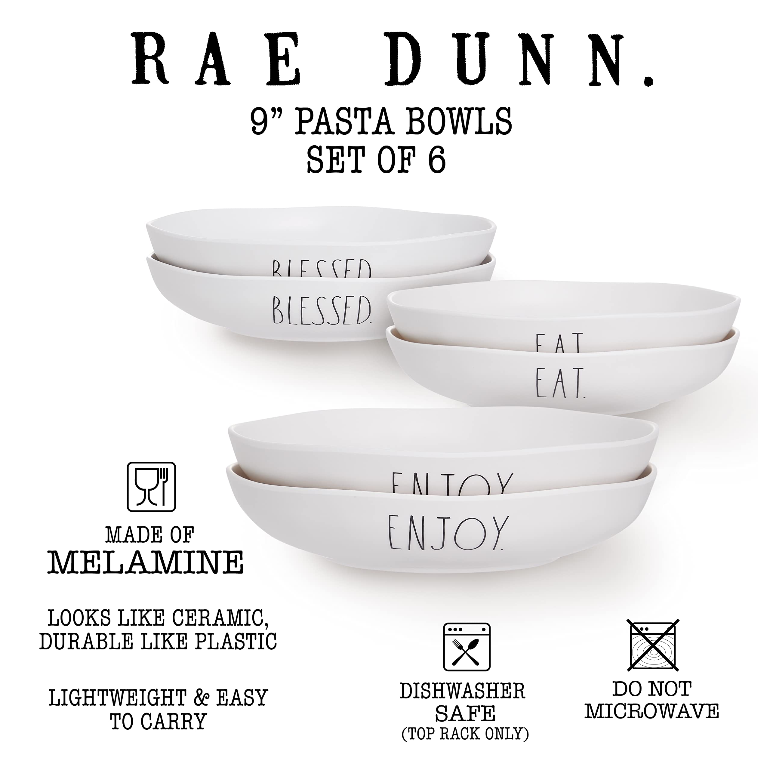 Rae Dunn Melamine Dinner Bowl - Durable Dishwasher Safe Pasta Bowls - Set of 6 (9 inch / 8.2oz) Perfect Bowls for Soup, Cereal, Pasta, Salads and Gifts  - Like New