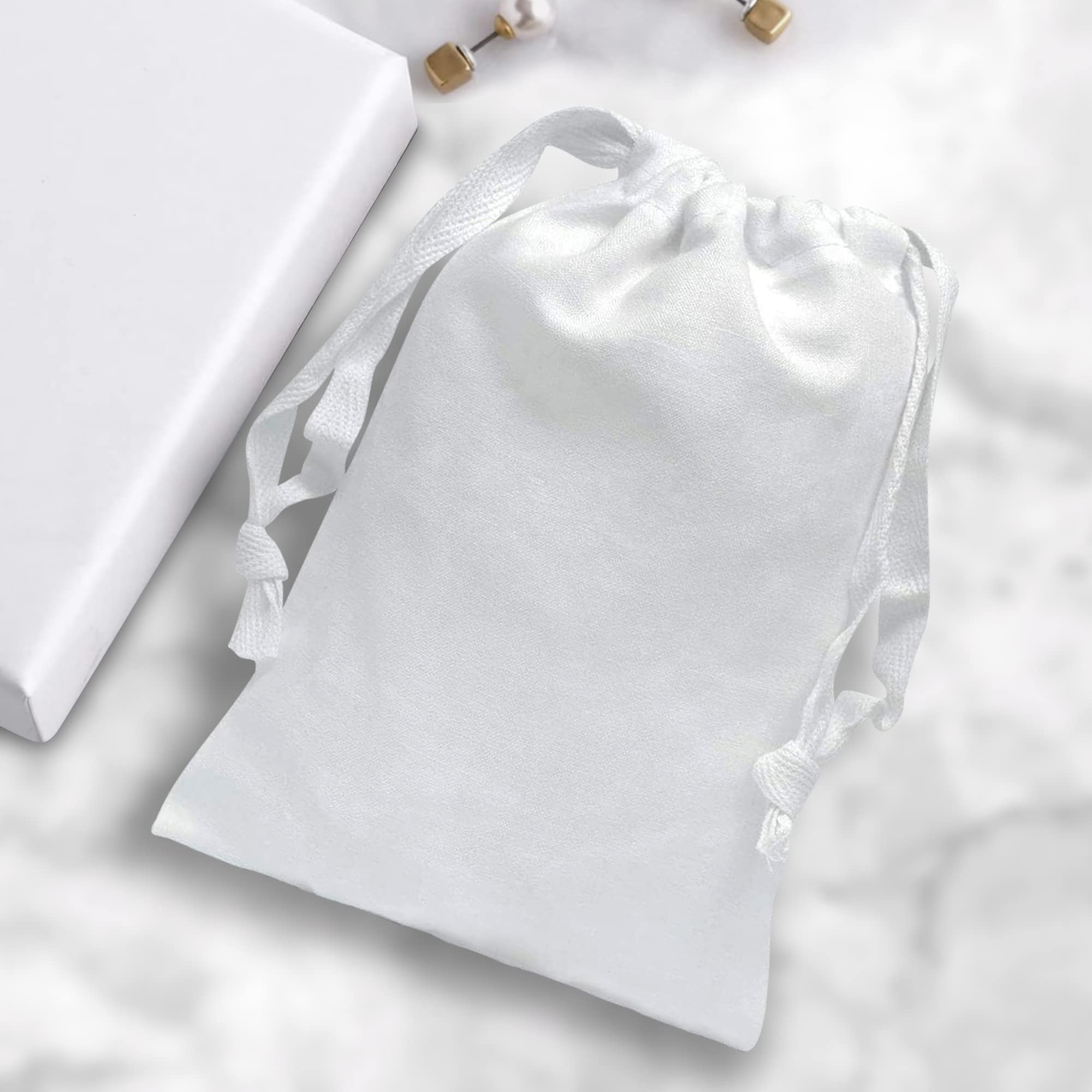 Prime Line Packaging Small Bright White Muslin Cotton Cloth Pouches Drawstring Bags  - Very Good