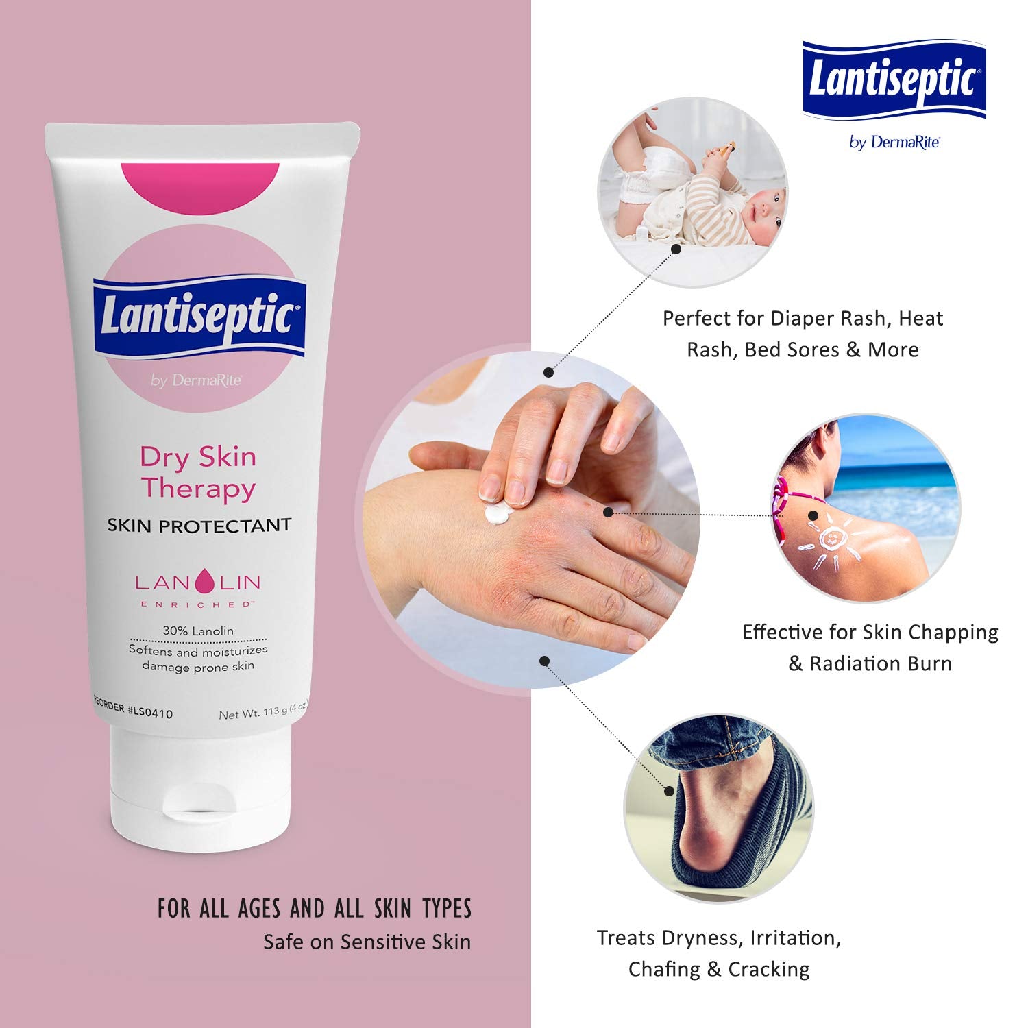 Lantiseptic Daily Dry Skin Protectant Cream - Moisturizes and Protects Cracked, Damaged and Irritated Skin - 30% Lanolin Moisture Barrier Ointment