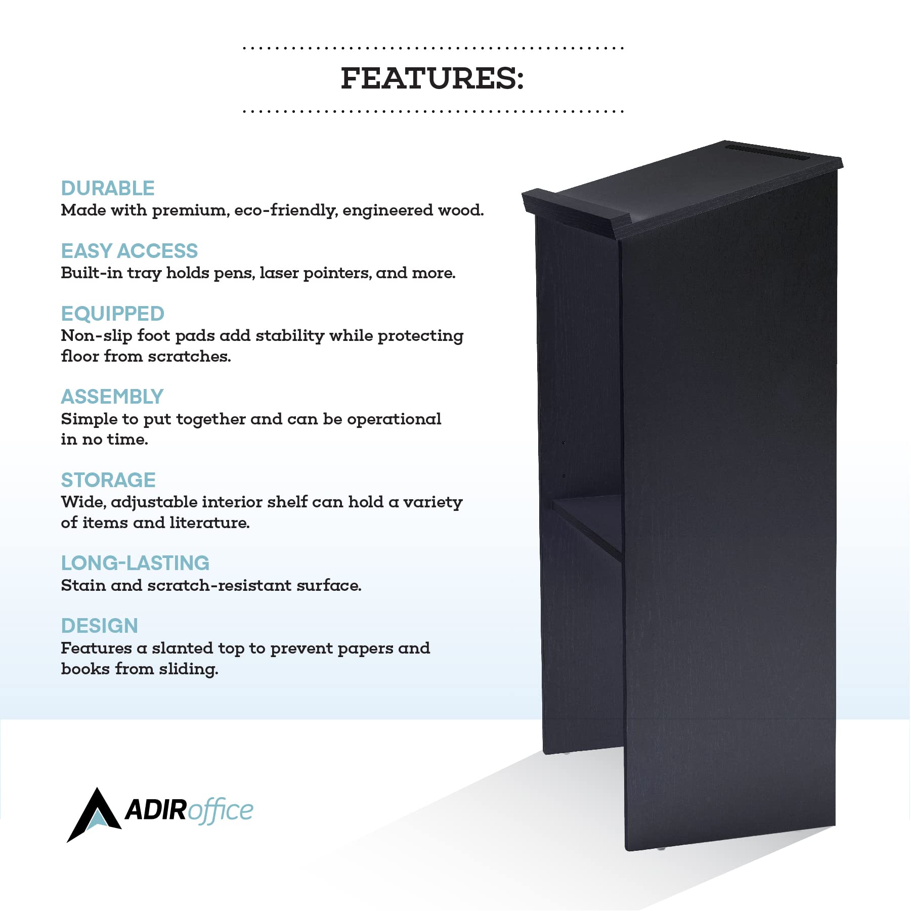 AdirOffice Stand up, Floor-Standing Podium, Lectern with Adjustable Shelf and Pen/Pencil Tray  - Like New