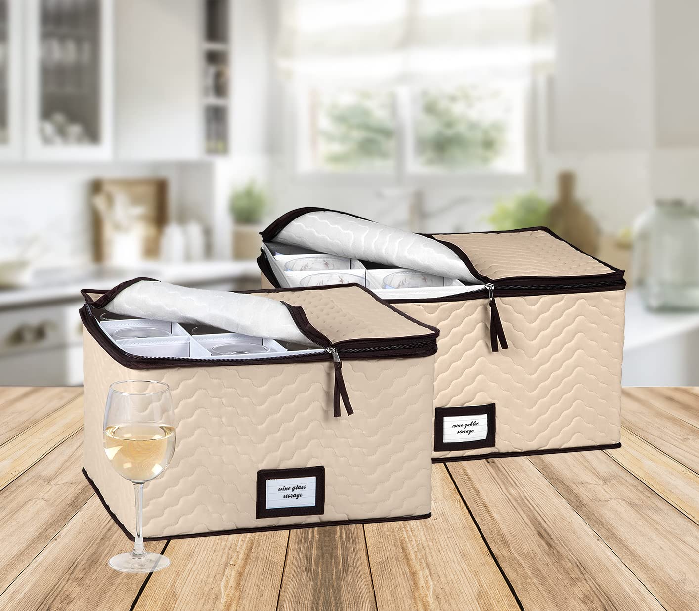 Hold N Storage Pack of 2 Sizes Wine Glass Storage with Dividers - Each Holds 12 Standard Size Wine Glasses Up to 10" H - Stemware Storage Case, Protects Fine China, Durable Quilted Microfiber Bin  - Like New