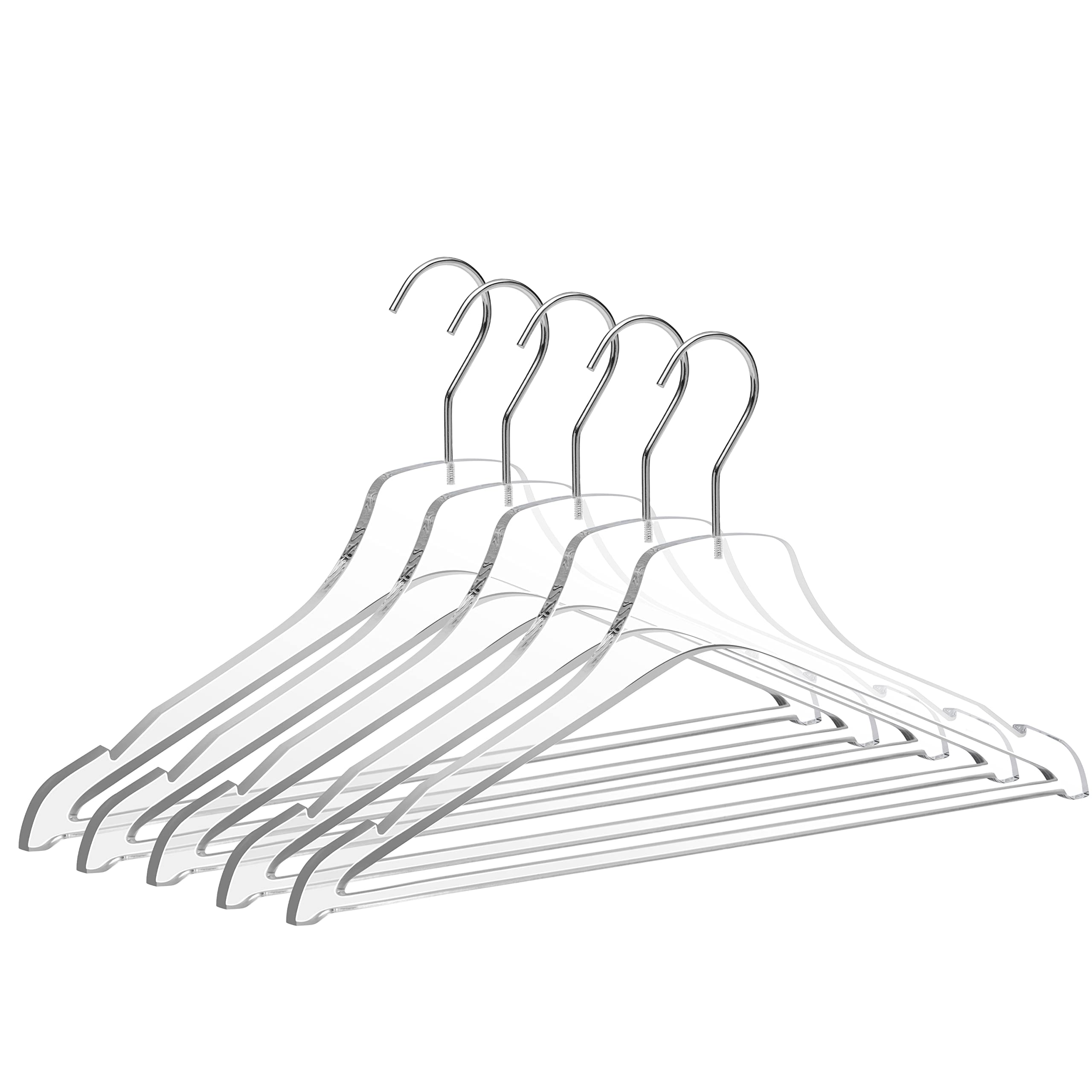 Quality Acrylic Clear Lucite Hangers 5-Pack with Gold Hanging Hooks for Clothes, Pants, Suit Jackets, Coats, and Shirts, Closet and Wardrobe Organization