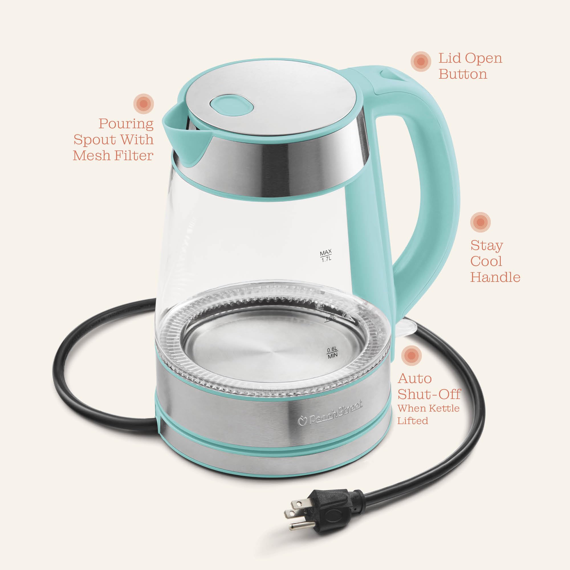 Speed-Boil Electric Kettle - 1.7L Water Boiler 1500W, Coffee & Tea Kettle Borosilicate Glass, Easy Clean Wide Opening, Auto Shut-Off, Cool Touch Handle, LED Light. 360° Rotation  - Like New