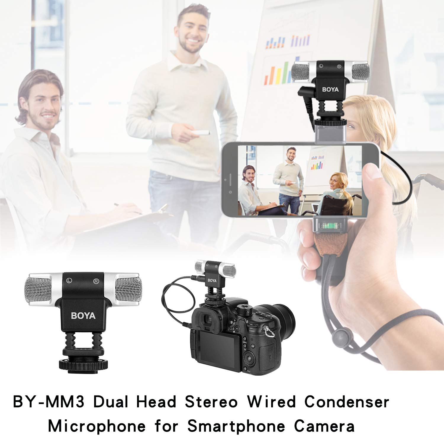 BOYA MM3 Compact Condenser Stereo Video Microphone Including Shock Mount, Foam & Deadcat Windscreens, Case Compatible with iPhone/Andoid Smartphones, Canon Nikon DSLR Cameras and Camcorders  - Like New