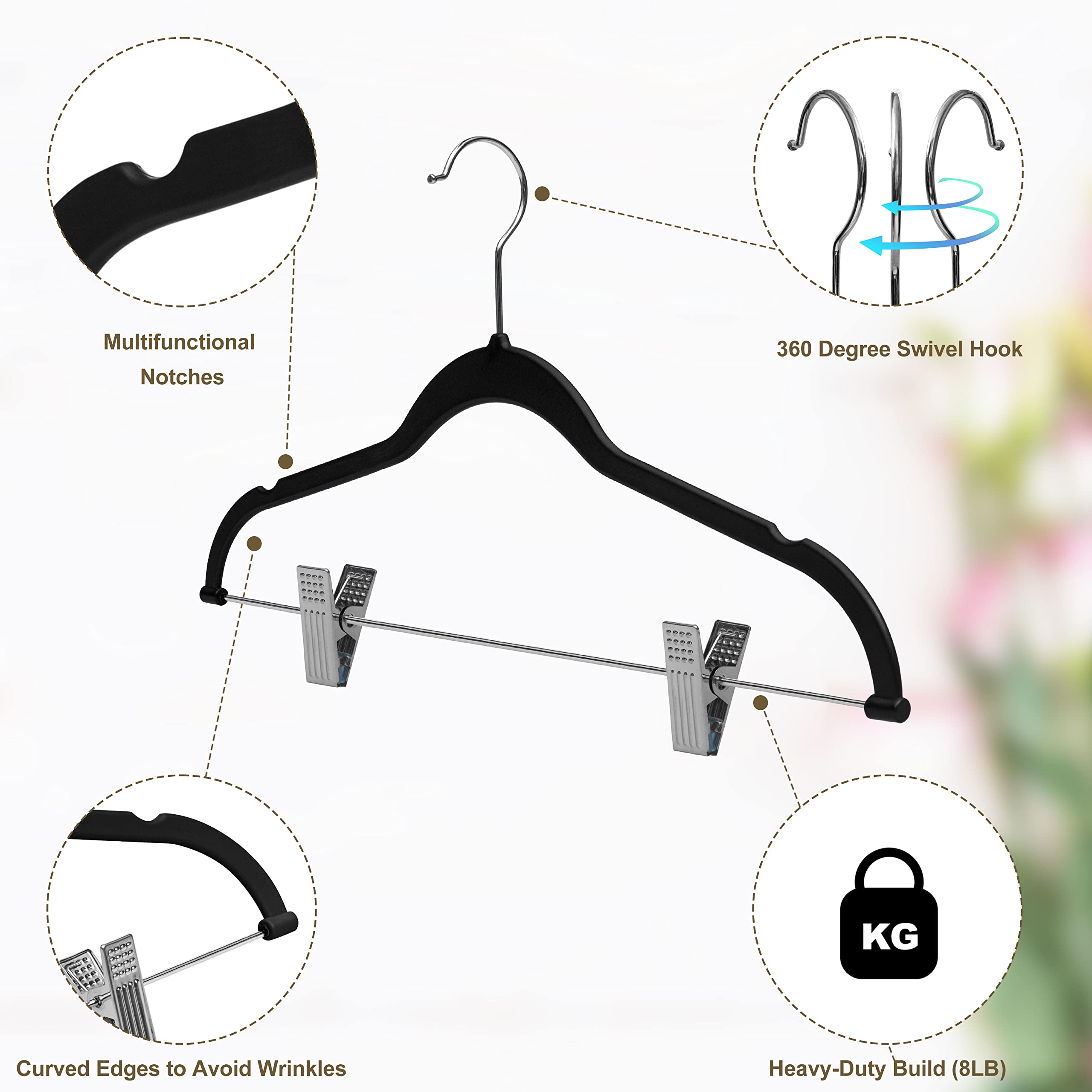 Quality Plastic Non Velvet Non-Flocked Thin Compact Coat Hangers with Metal Clips for Skirts Pants Blouses 360° Swivel Hook  - Like New