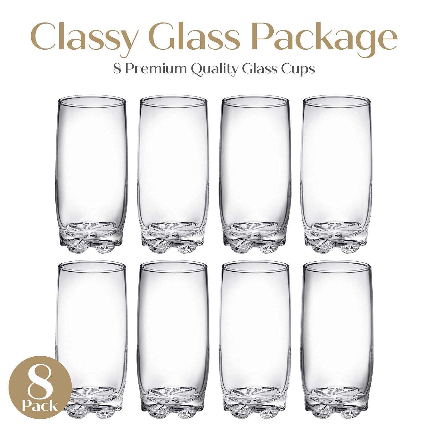 Drinking Glasses set of 8 Highball Glass cups By Home Essentials � Premium Cooler 13.25 Oz. Glassware � Ideal for Water, Juice, Cocktails, Iced Coffee, Iced Tea.  - Like New