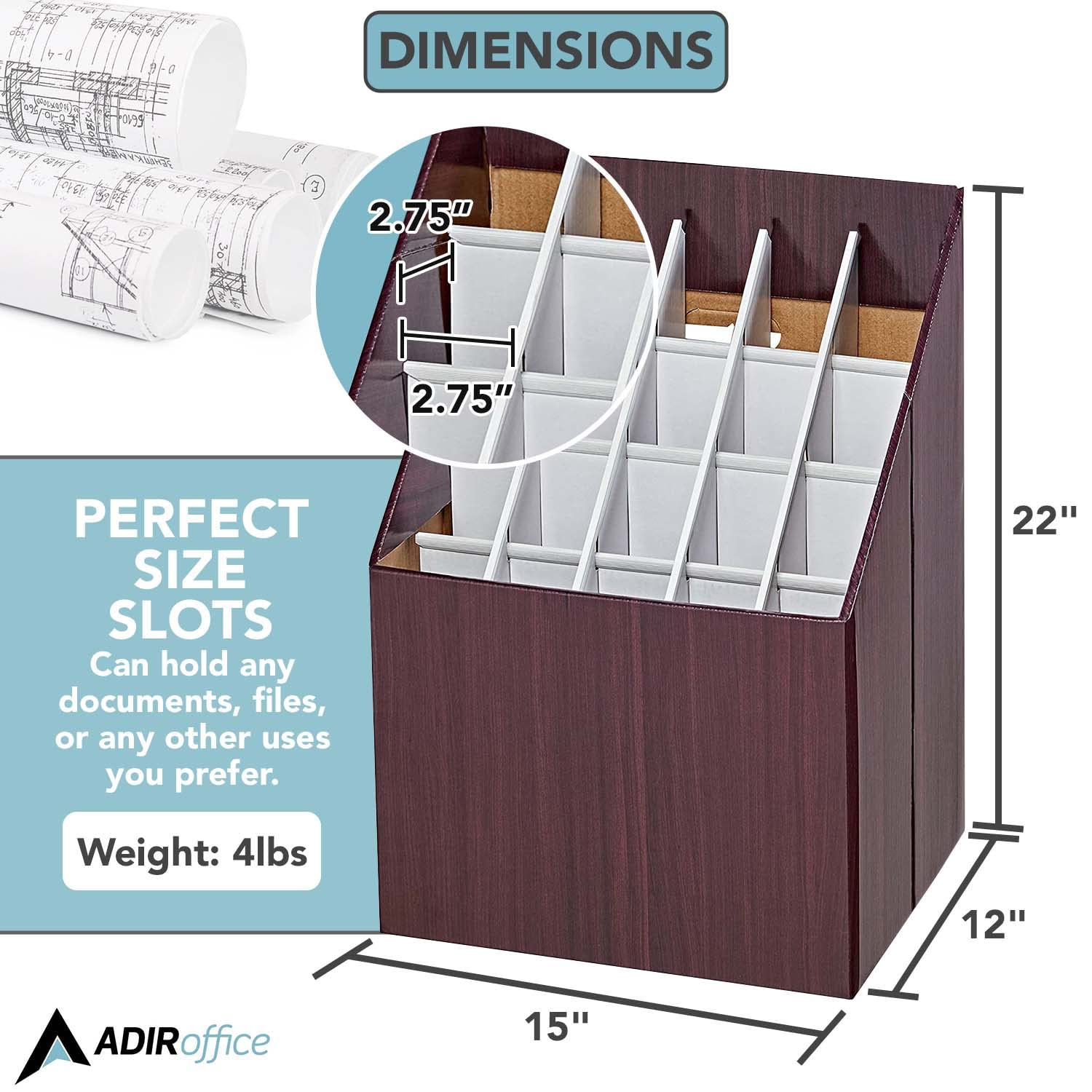 Adir Corp. Blueprint Storage Bin Organizer - Vertical File Box for Blueprints, Posters, Construction Plans, Gift Wrap, And Map Holder Station - Cardboard Blueprint Holder  - Like New