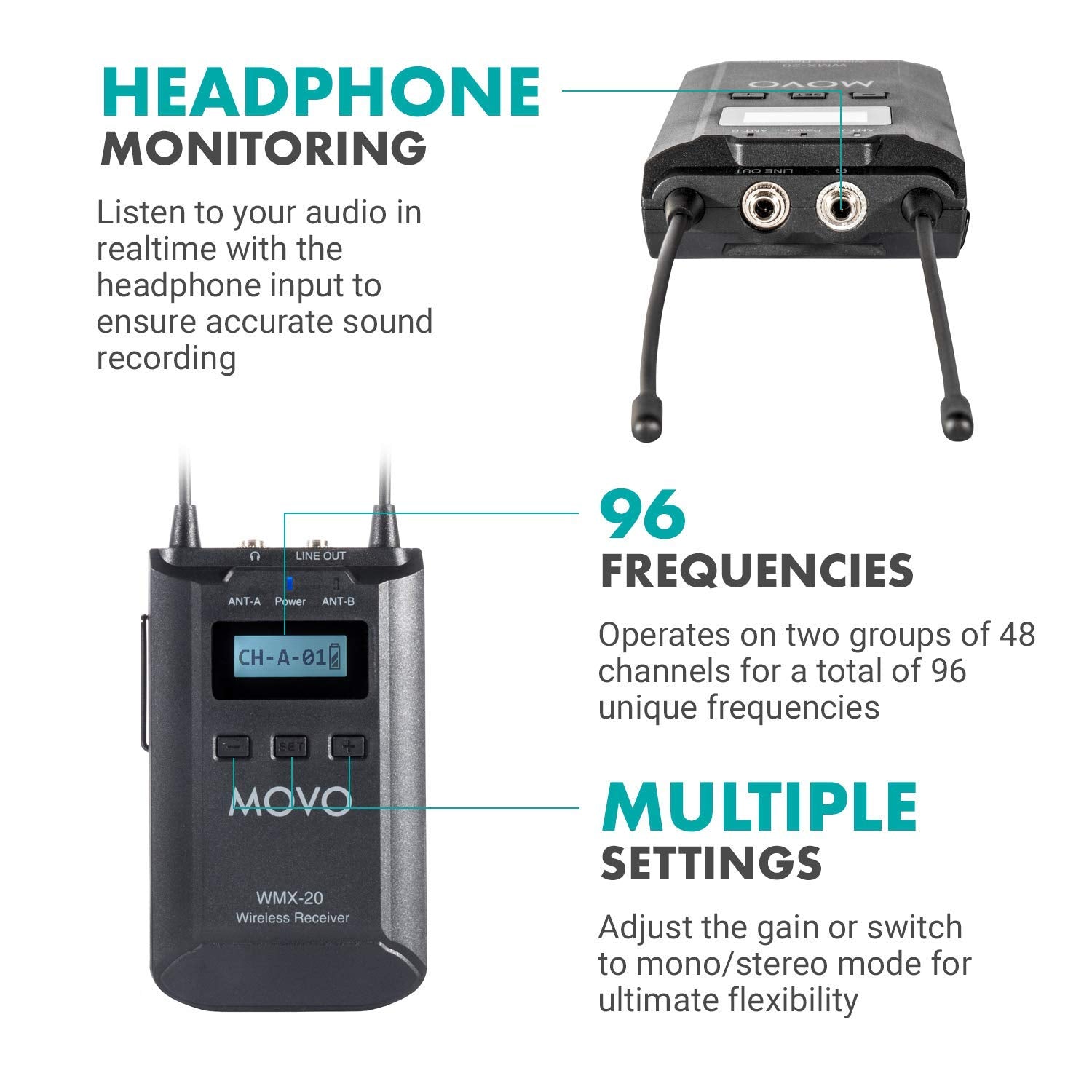 Movo WMX-20 48-Channel UHF Wireless Lavalier Microphone System with 1 Receiver, 1 Transmitter, and 1 Lapel Microphone Compatible with DSLR Cameras (330' ft Audio Range)  - Very Good