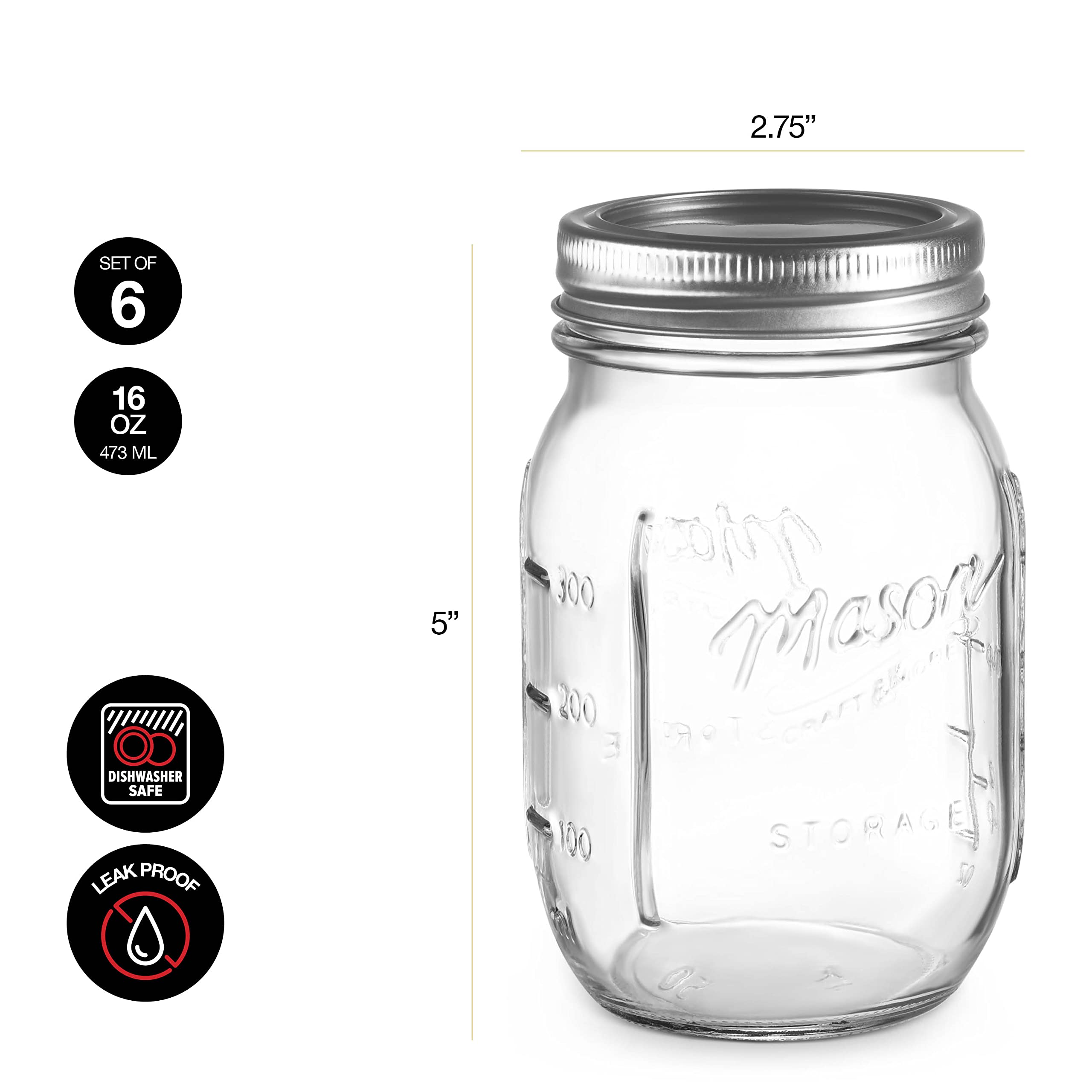 Quality Glass Mason Jars 16 Ounce (6 Pack) Regular Mouth Glass Mason Jar with Lids & Bands, Dishwasher Safe. Ideal for Canning, Pickling, Jam, Meal Prep, Food Storage - Bonus Chalkboard Label & Pen  - Like New