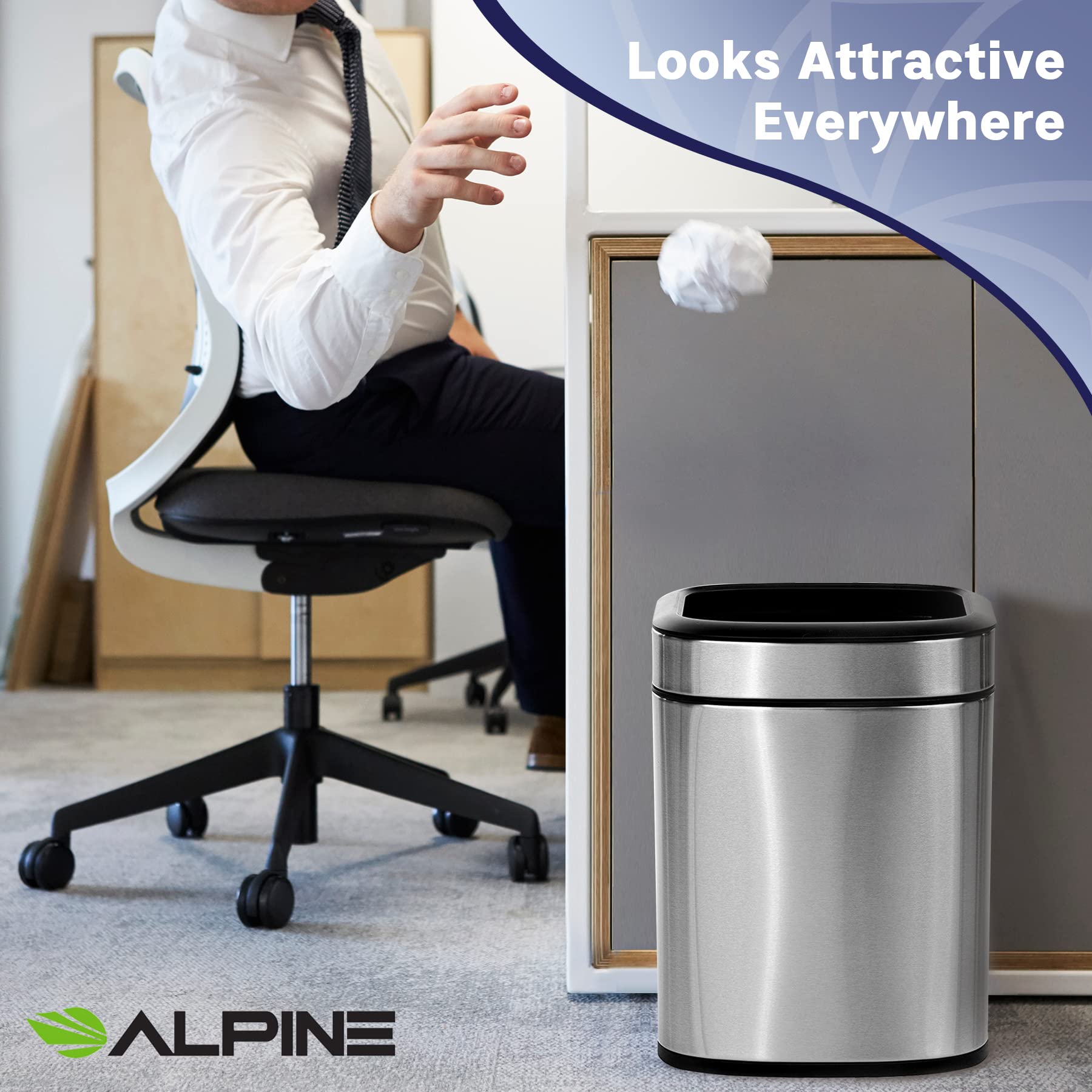 Alpine Industries 6 L / 1.6 Gal Stainless Steel Slim Open Trash Can - Compact Garbage Bin - Wide Access Top Slender Durable Receptacle with Sturdy Plastic Liner  - Like New