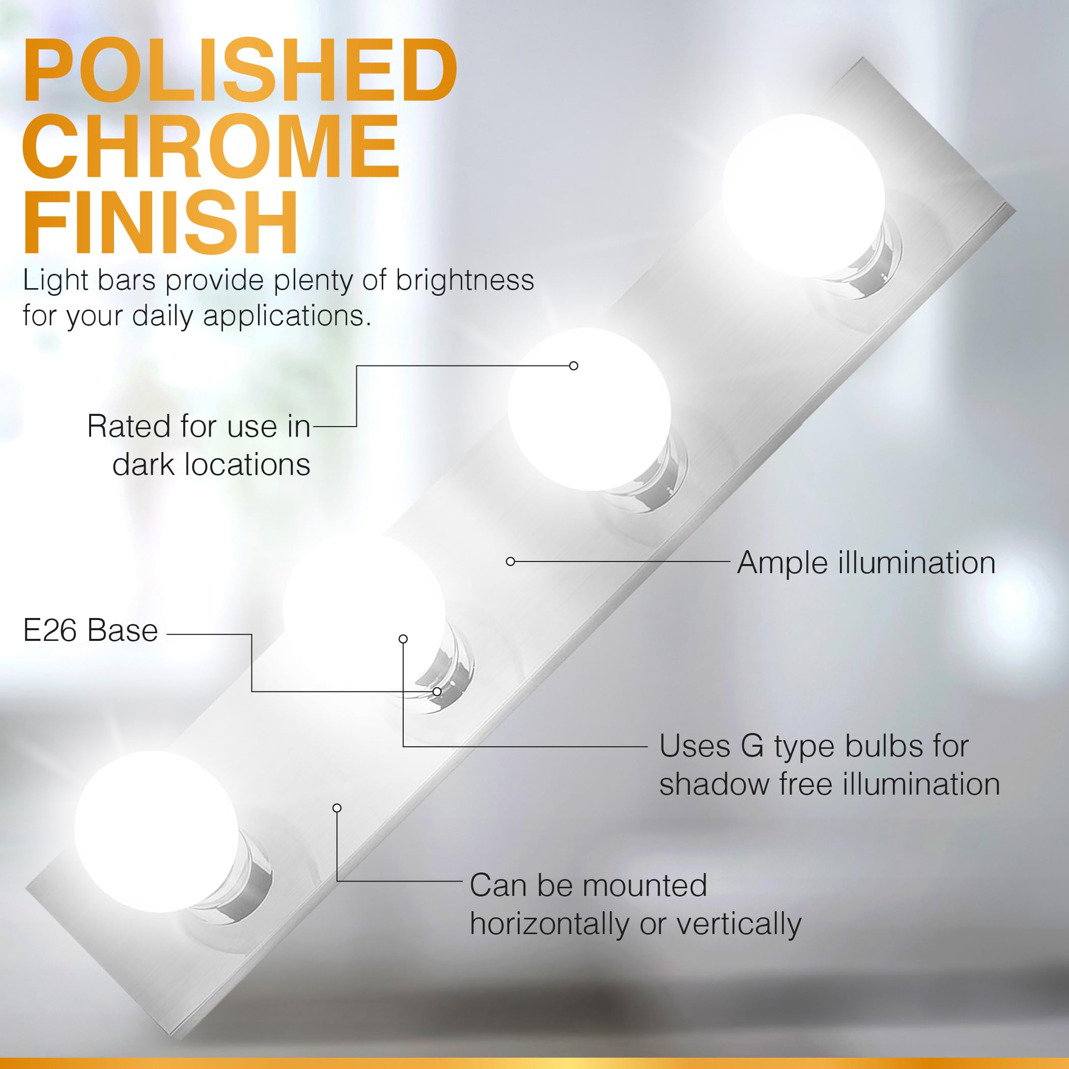 DYSMIO Lighting Four Light Vanity Strip - Hollywood Style Mirror Fixture with Chrome Plates � Salon-Grade Accessories for Bedroom, Bathroom, Dressing Room, Makeup Studio - 24 x 4.25 Inches  - Very Good