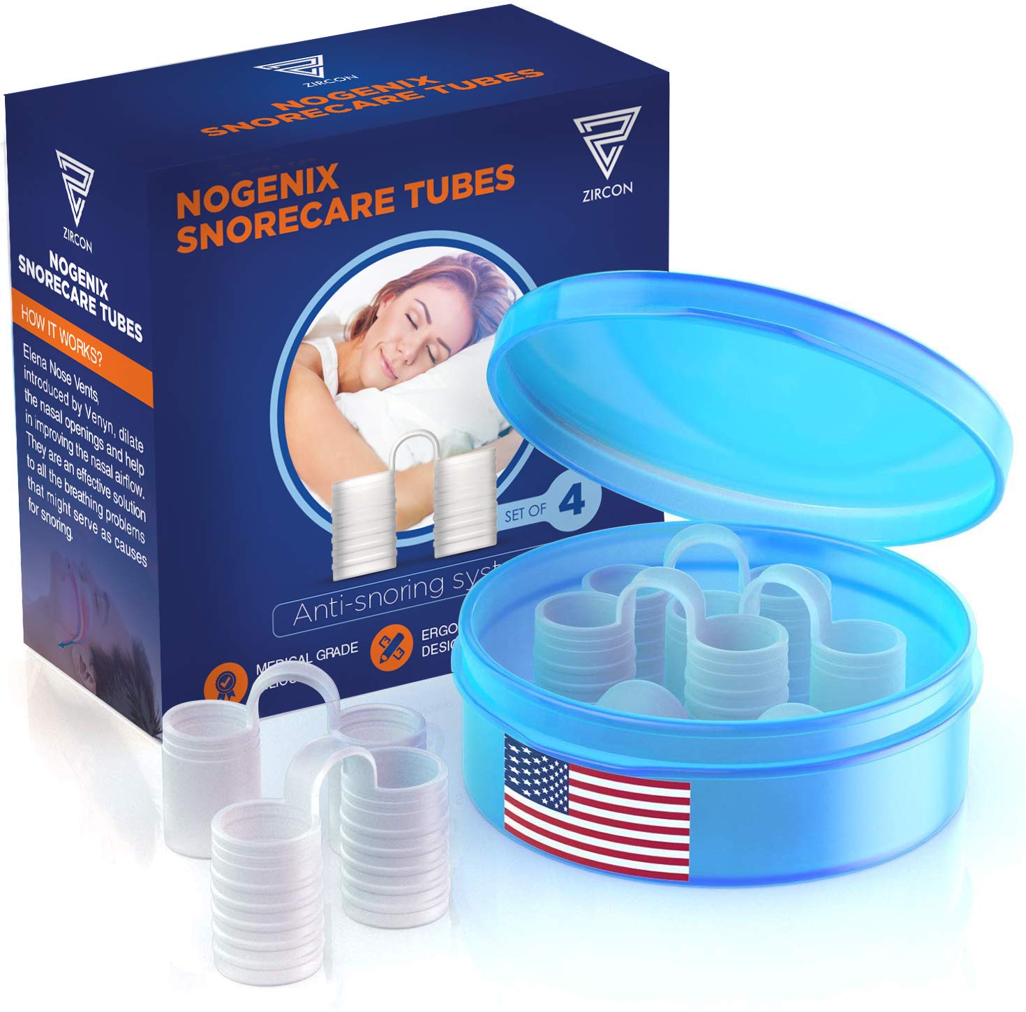 Zircon Set of 4 Nose Vents to Ease Breathing - Anti Snoring - No Side Effects - Advanced Design - Reusable - Includes Travel Case