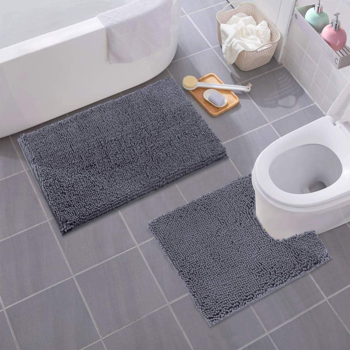 LuxUrux Red Bathroom Rugs Chenille 2-Piece Bath Mat Set - Soft Plush Bath Rug + Toilet Mat. 1'' Microfiber Shaggy Carpet, Super Absorbent, Machine Washable (30x20 Rectangular + 20x20 Square)  - Collectible Very Good