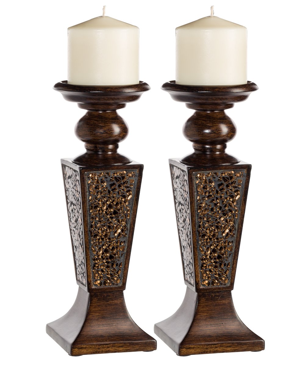 Creative Scents Schonwerk Pillar Candle Holder Set of 2- Crackled Mosaic Design- Functional Table Decorations- Centerpieces for Dining/Living Room- Best Wedding Gift (Brown)  - Like New