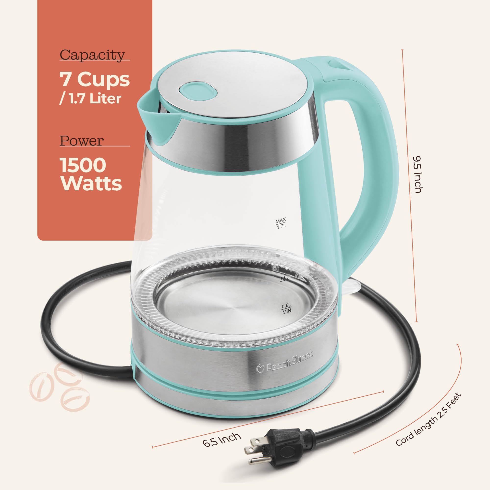 Speed-Boil Electric Kettle - 1.7L Water Boiler 1500W, Coffee & Tea Kettle Borosilicate Glass, Easy Clean Wide Opening, Auto Shut-Off, Cool Touch Handle, LED Light. 360° Rotation  - Like New