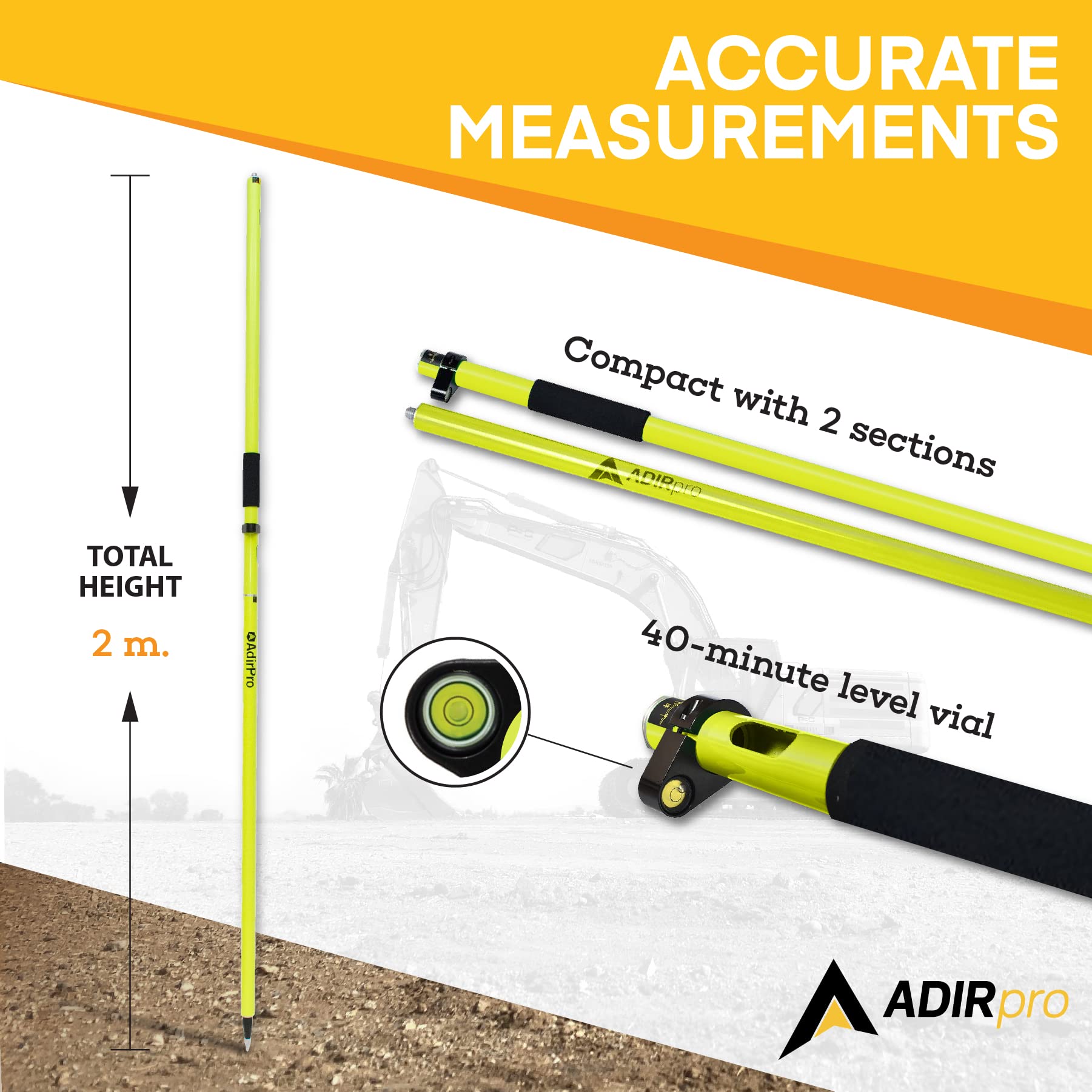 AdirPro 2m Two-Piece GPS Rover Rod – Lightweight & Accurate Aluminum Surveying Rod w/Replaceable Metal Tip – For Professional & Personal Use  - Like New