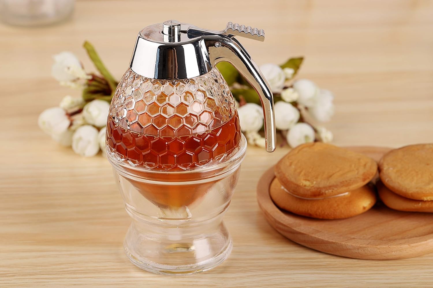 hunnibi Honey Dispenser PLUS - Glass Honey Dispenser No Drip Glass with Stand and STAINLESS STEEL TOP - Syrup Dispenser Glass - Beautiful Honey Pot - Honey Jar with Stand  - Like New