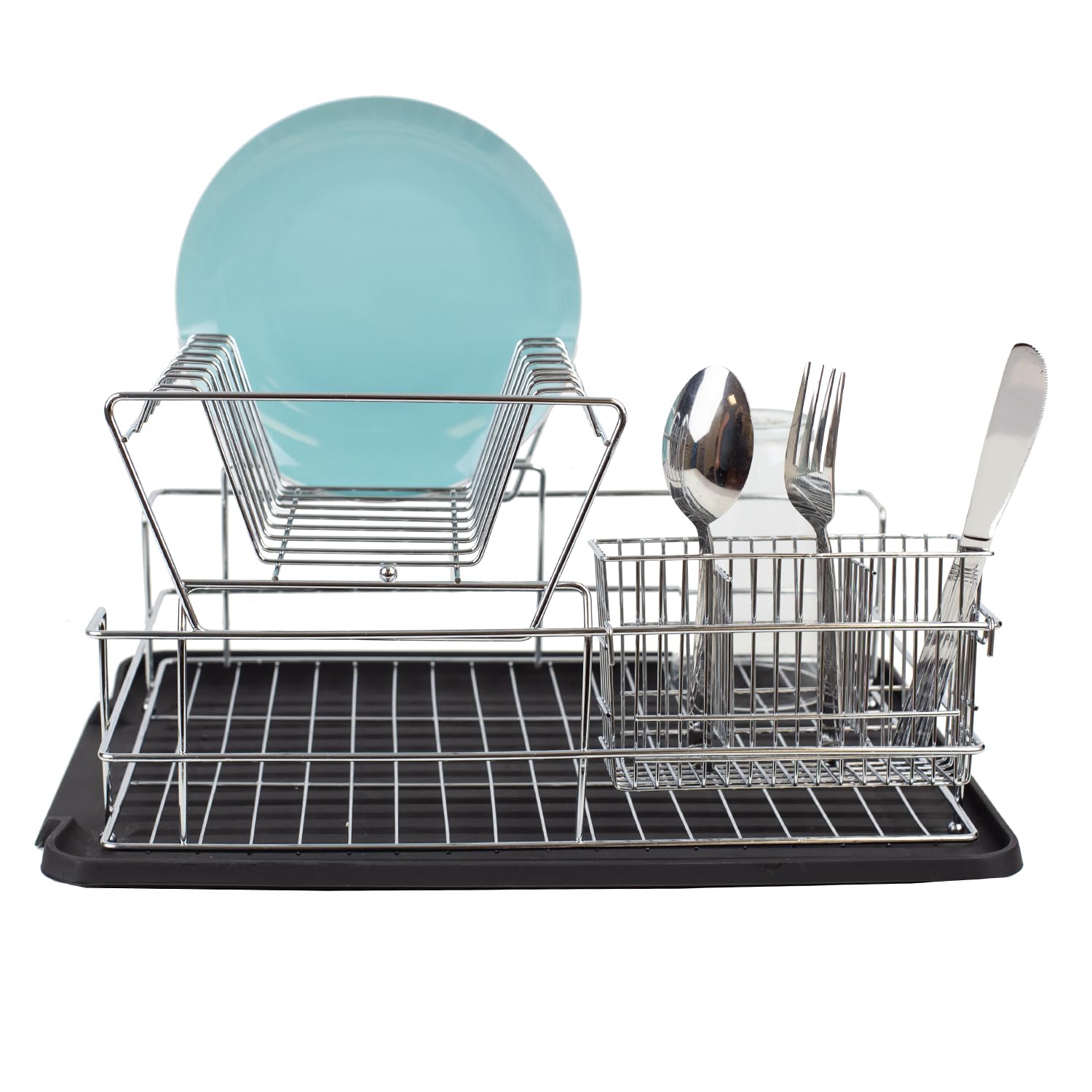 Home Basics Black Kitchen Sink Countertop 2 Tier Dish Rack and Draining Board Cutlery Holder, Fits Large Plates, Dry & Drip Tray, Full Mesh  - Like New