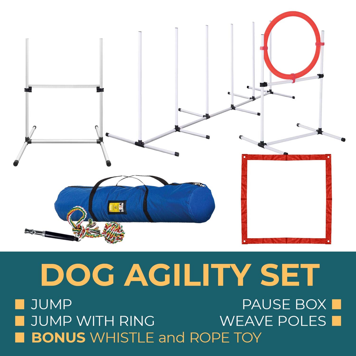 CHEERING PET, Premium Dog Agility Equipment Set, 5 Pieces of Dog Training Fun, Tunnel, Dog Jump, Hoop, Weave Poles and Easy Carry Case Indoor or Outdoor Dog Agility Training  - Like New