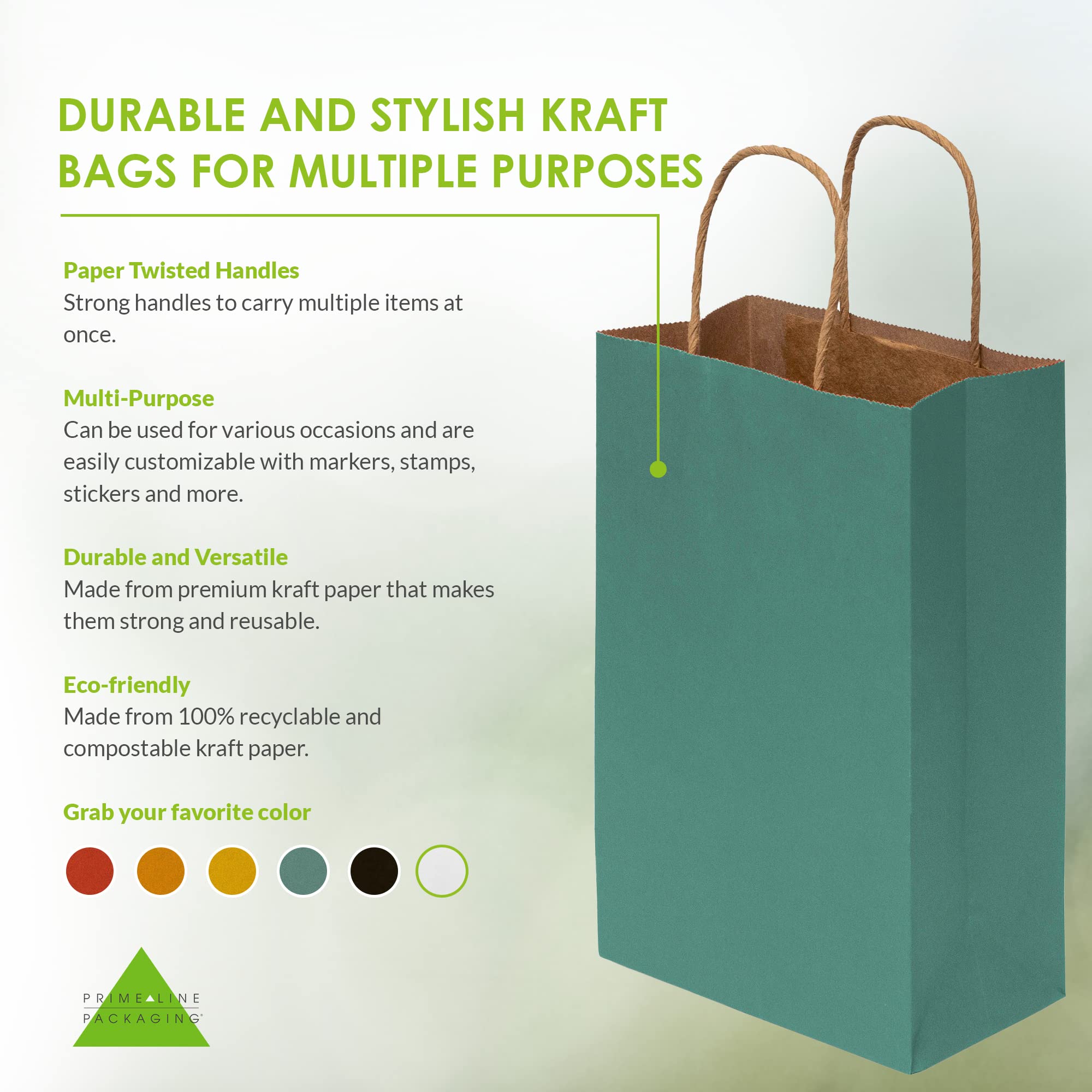 Green Gift Bags - 6x3x9 Inch 100 Pack Small Kraft Paper Shopping Bags with Handles, Craft Totes in Bulk for Boutiques, Small Business, Retail Stores, Birthday Parties, Jewelry, Merchandise, Bulk  - Acceptable