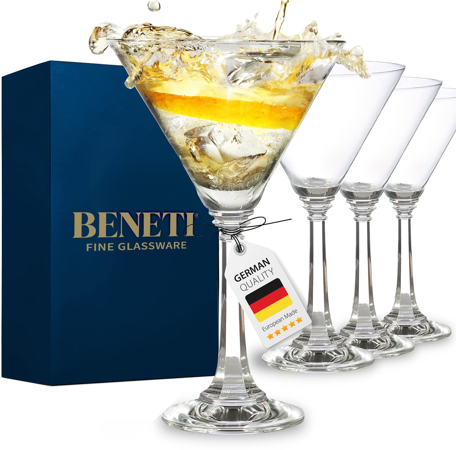 BENETI Tall Martini Glasses Set of 4 | Made in Europe | 11oz Long Stem Crystal Cocktail Bar Glasses (Stem 11oz)  - Like New