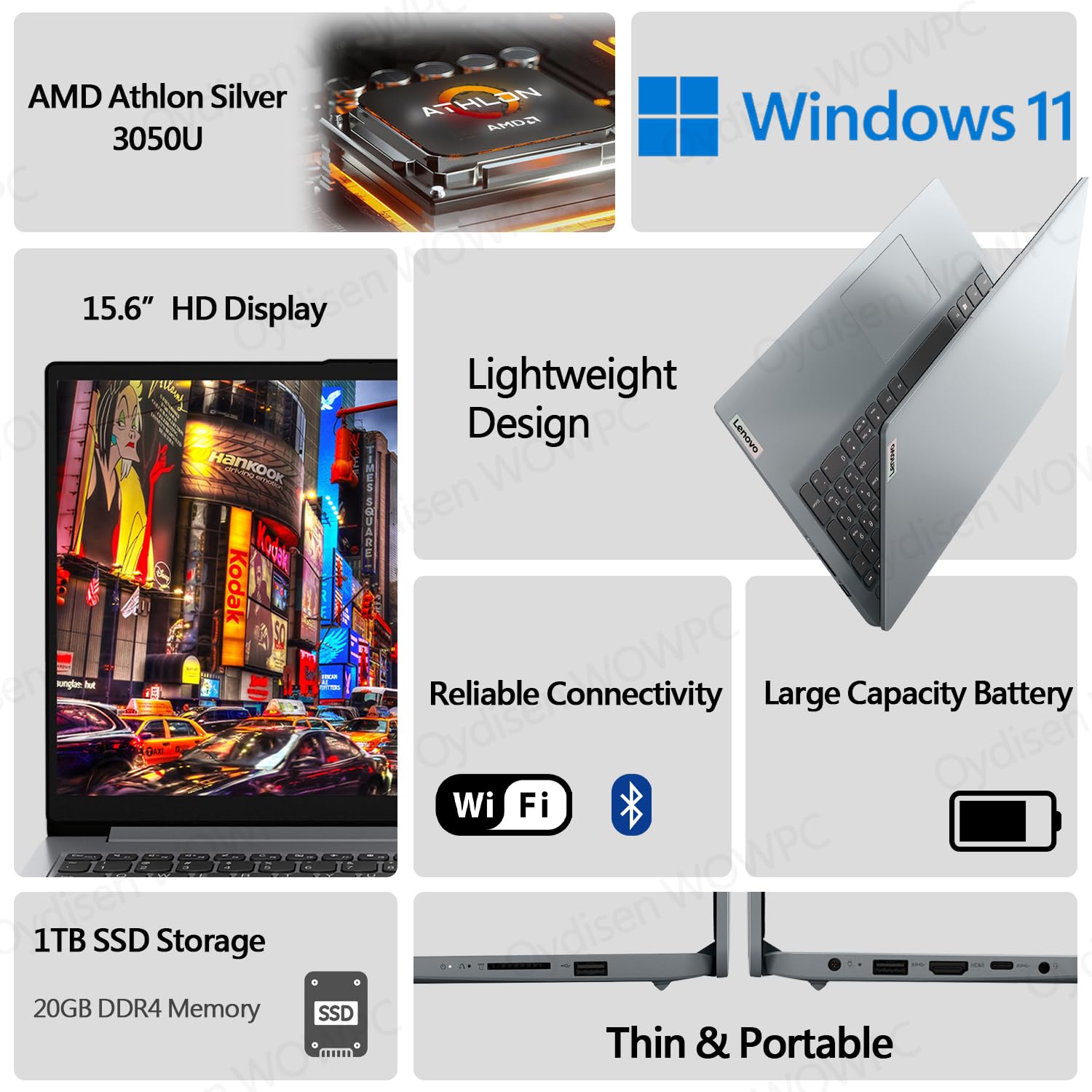 Lenovo 15.6" Laptop, IdeaPad 1, 20GB RAM, 1TB PCIe SSD, Wi-Fi 6 and Bluetooth 5.1, HDMI, SD Card Reader, 15.6" HD Anti-Glare Display, AMD Athlon Dual-core Processor, Windows 11 Home in S Mode  - Like New