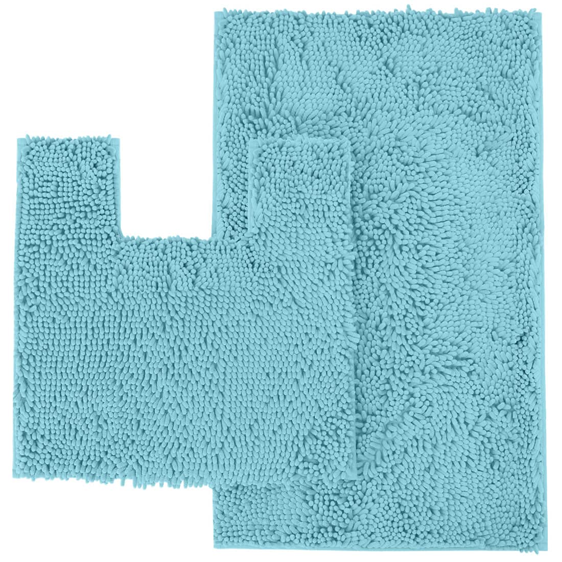 Luxurious Spa Blue Bath Mat Set: 2-Piece Chenille Rugs with Soft Plushness, Anti-Slip Design, U-Shaped Toilet Mat. 1'' Microfiber Shaggy Carpet. Machine Washable, Curved Set Square.  - Like New