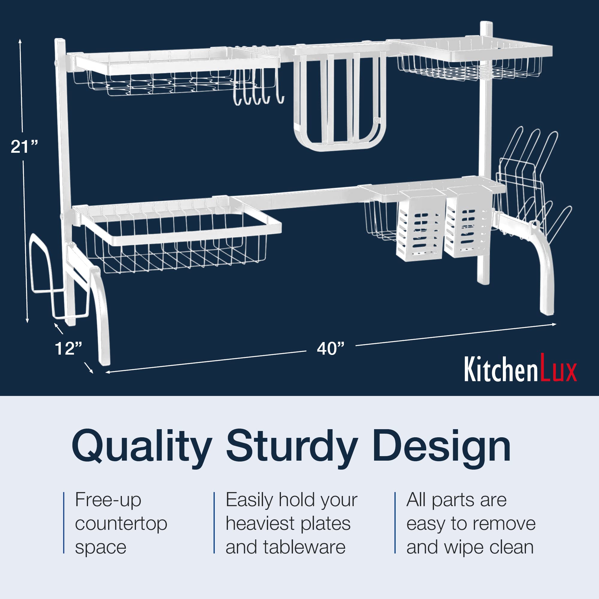 Kitchen Lux Over The Sink Dish Drying Rack - Kitchen Counter Dishes Drainer and Hanging Storage Organizer for Single, Wide, Double Sinks - Space Saving Design, Utensil Holder, Hooks Plate & Cup Rack  - Very Good