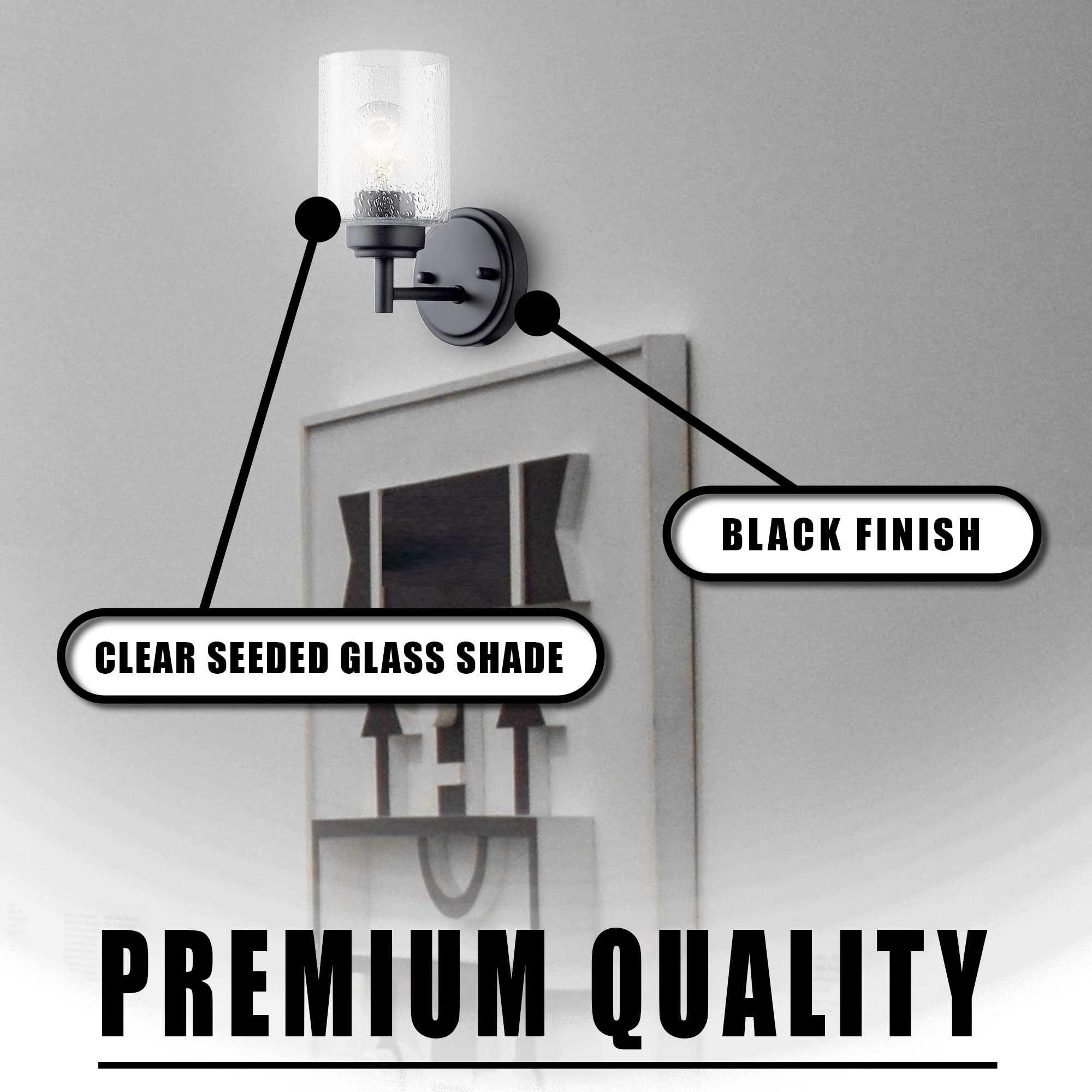 DYSMIO Wall Vanity Light - 1-Light Fixture with Crystal Clear Seeded Glass Shades - Modern Wall Sconce Lighting for Bathroom, Kitchen, Hallway, Home - with Mounting Hardware - Black  - Like New