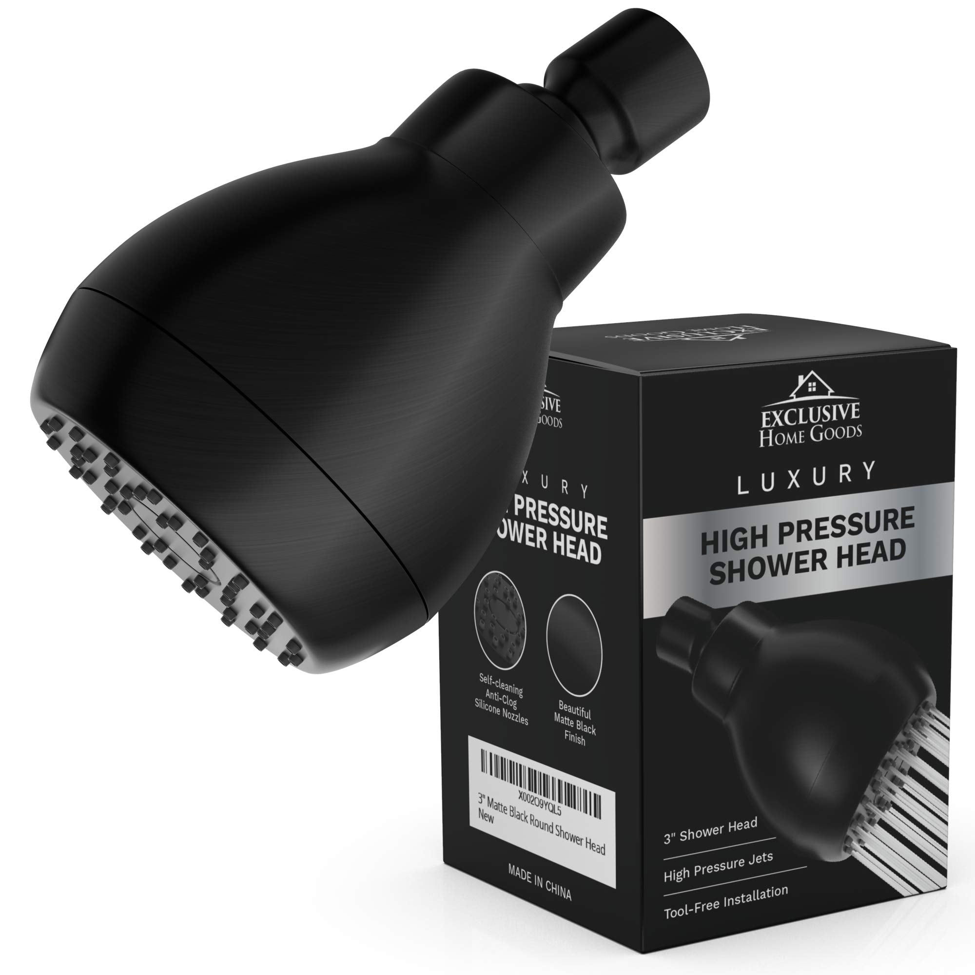 High Pressure Shower Head Matte Black - Powerful Deluxe Bathroom Showerhead with Strong Spray Stream and Small Silicone Nozzles - Universal Fit Works with High and Low Water Flow Showers-2.5 GPM  - Acceptable