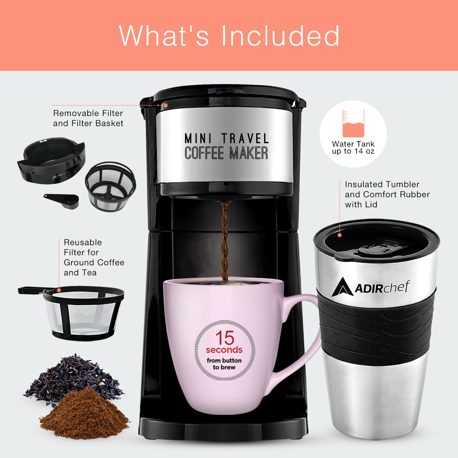 AdirChef Mini Travel Single Serve Coffee Maker & 15oz Travel Tumbler