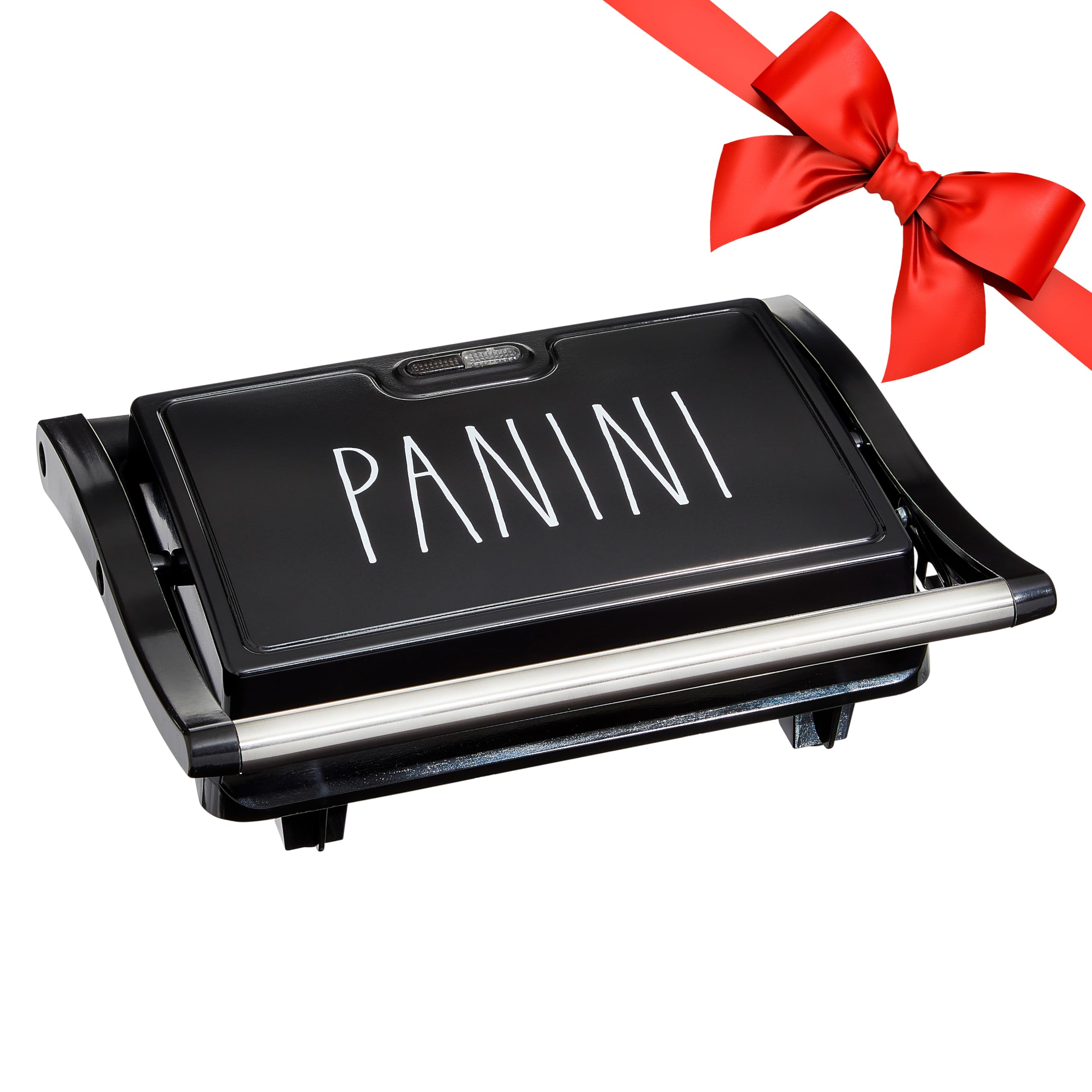 Rae Dunn Panini Maker - 750 Watt 2-Slice Press Grill with Indicator Lights | Opens 180 Degrees | Double Sided Heating | Non-stick Cooking | Cool Touch Handle | Easy to Clean, Black  - Very Good