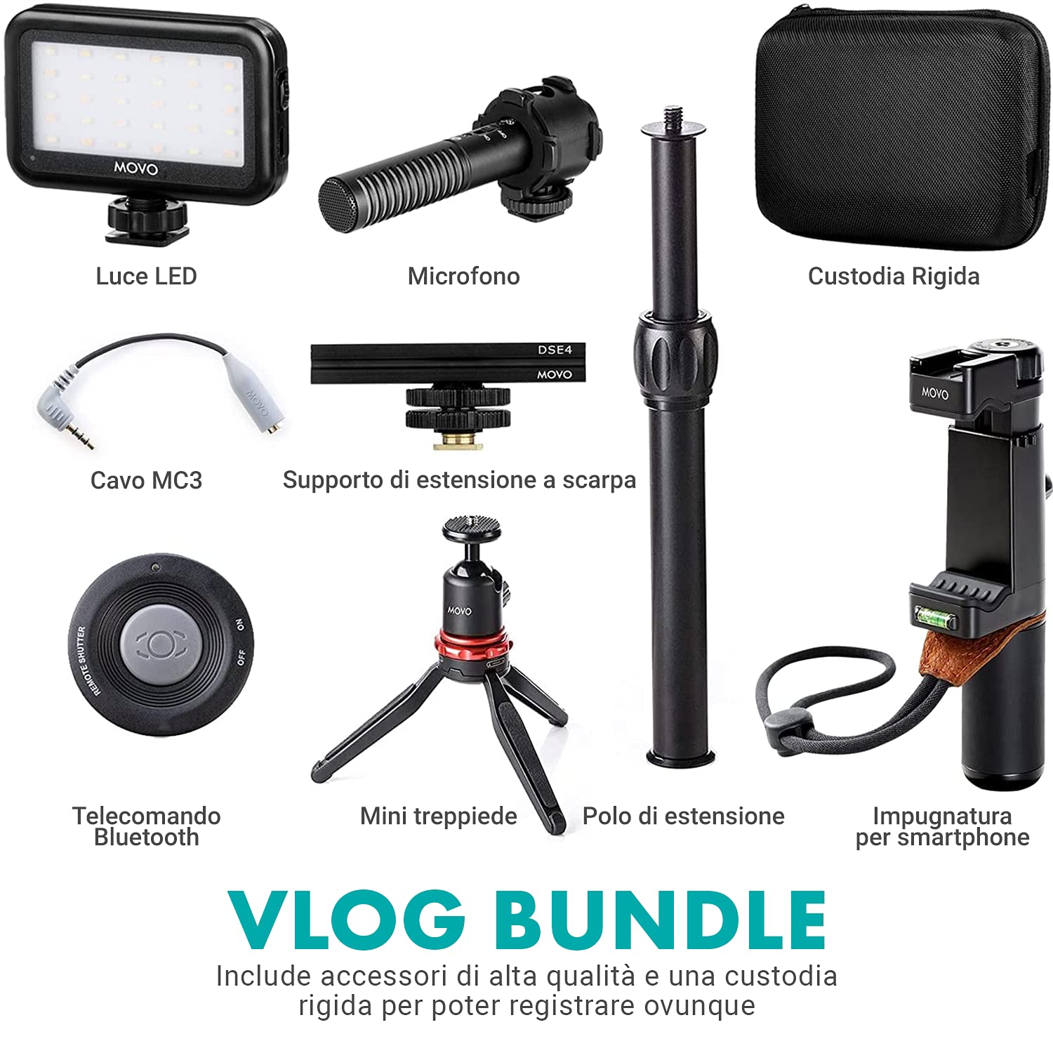 Movo V7+ YouTube Starter Kit - Vlogging Kit for iPhone with Tripod, Grip, Stereo Microphone, LED Light and Remote - Vlog Kit for iPhone 5, 5C, 5S, 6, 6S, 7, 8, X, XS or Samsung - iPhone Vlogging Kit  - Good