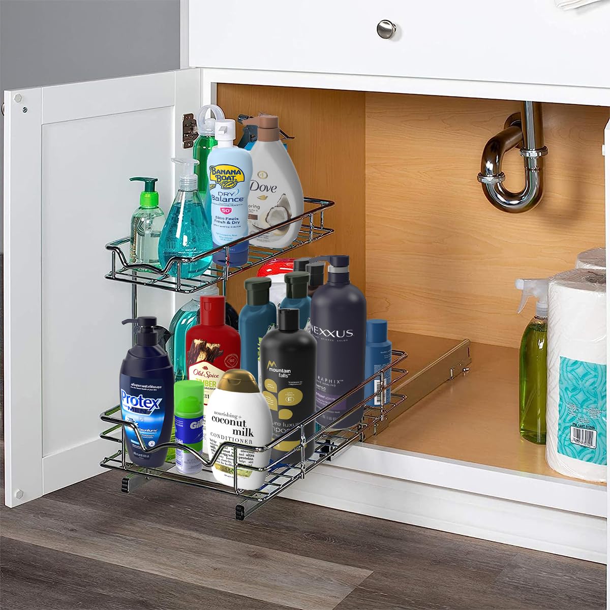 Under the Sink Pull Out Cabinet Organizer Sliding Shelf- Heavy Duty Metal, with 5 Year Limited Warranty- 2 Tier Slide Out Shelf, Multi-Use, for Cleaning Products, Kitchen and Pantry Supplies- Anti Rust Chrome  - Like New