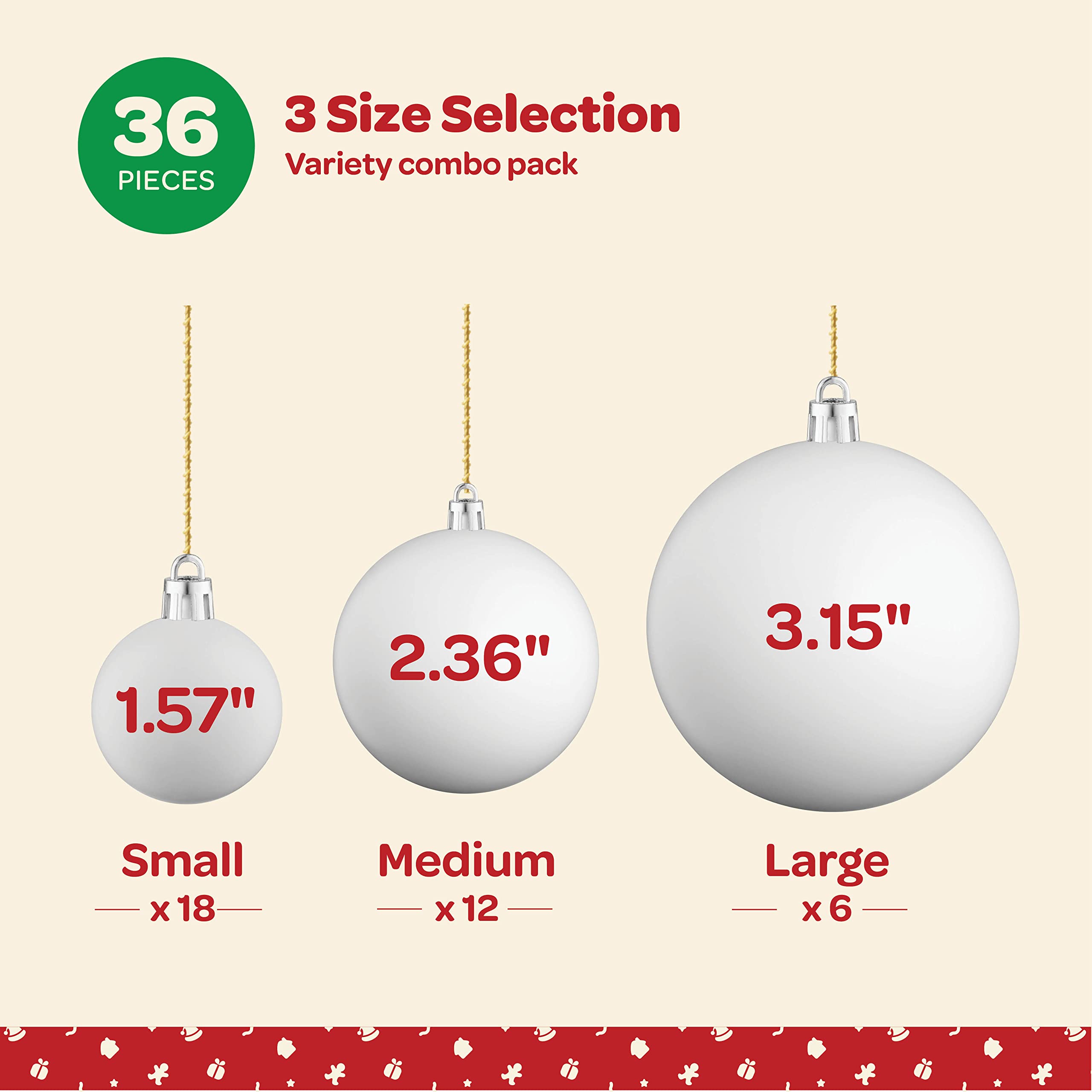 Christmas Ornaments Set of 36 - Beautiful [White] Christmas Tree Decorations Ornaments Set - 6 Style Christmas Ball Ornaments - Shatterproof/Pre-Strung - for Holiday/Party/Decorations/DIY