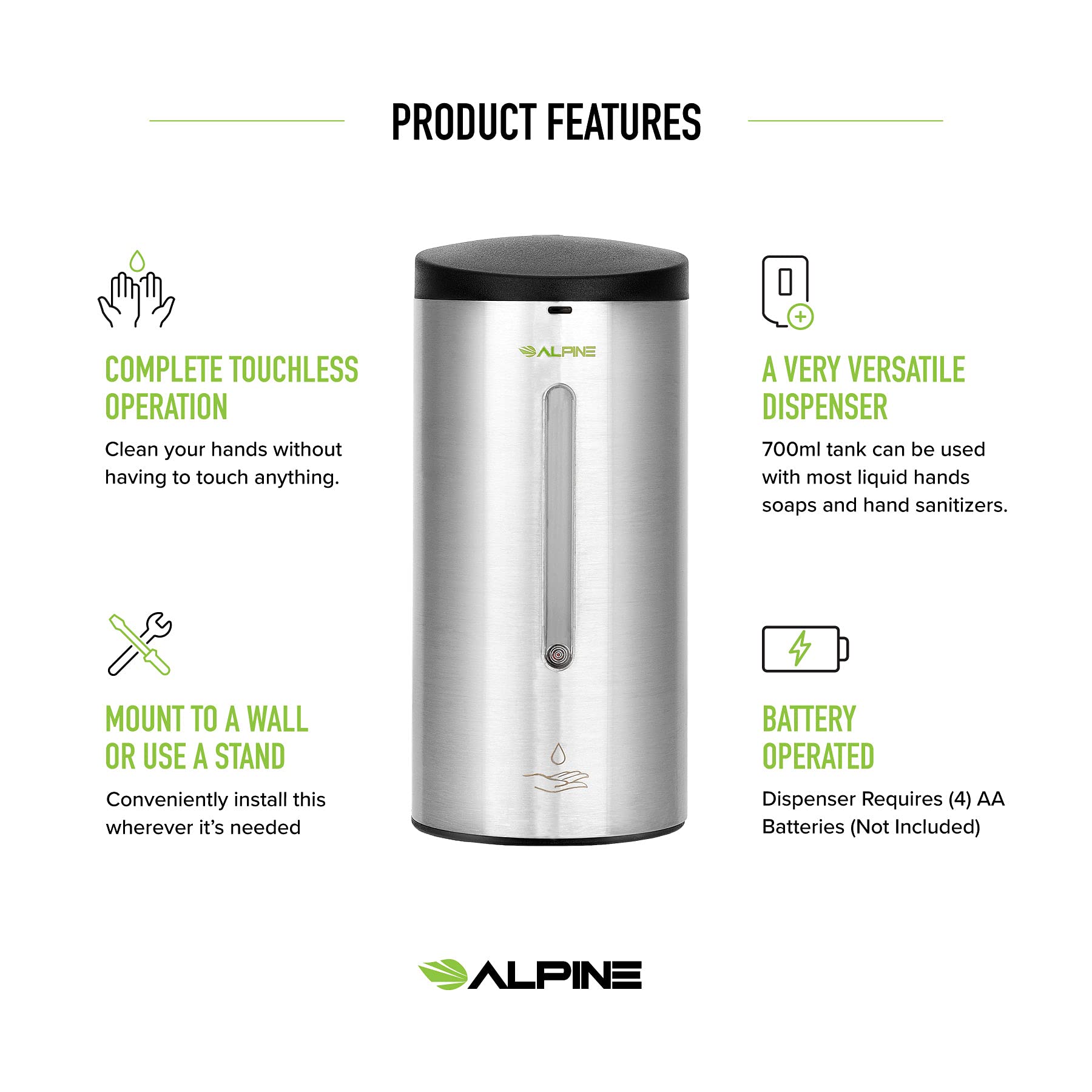 Alpine Automatic Soap Dispenser - Touchless Hand Sanitizer Liquid/Gel Dispenser - for Restaurant, Hospital, School, Hotel, Kitchen, and Bathroom-700mL(Stainless Steel)  - Good