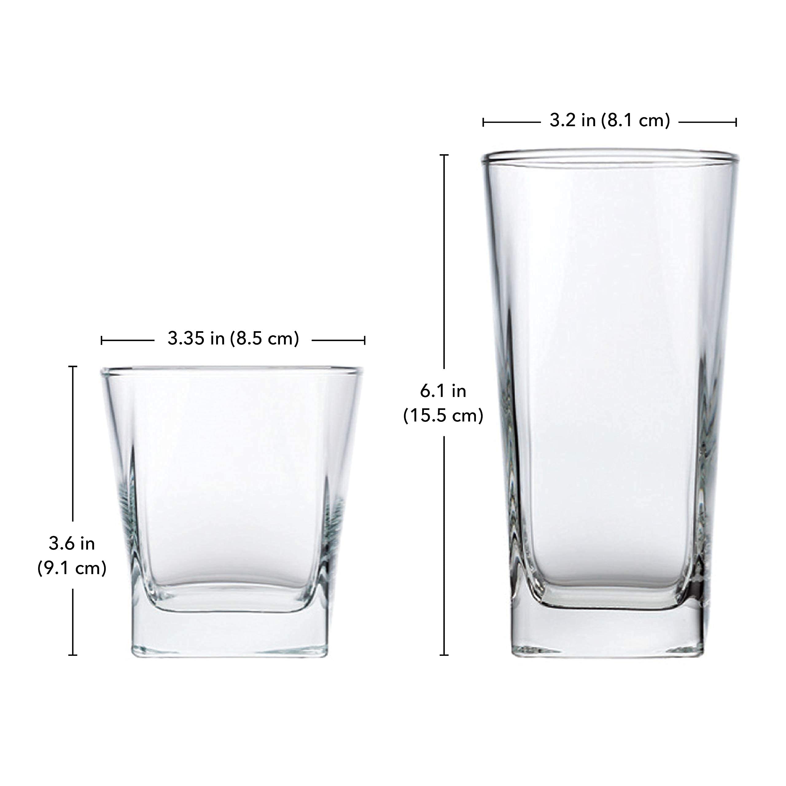 Drinking Glasses, Set of 8 - By Home Essentials and Beyond - 4 Highball Glasses (16 OZ) And 4 Rocks Glasses (10 OZ) Heavy Square Base Glass Cups for Water, Juice, Beer, Wine, And Cocktails.  - Like New